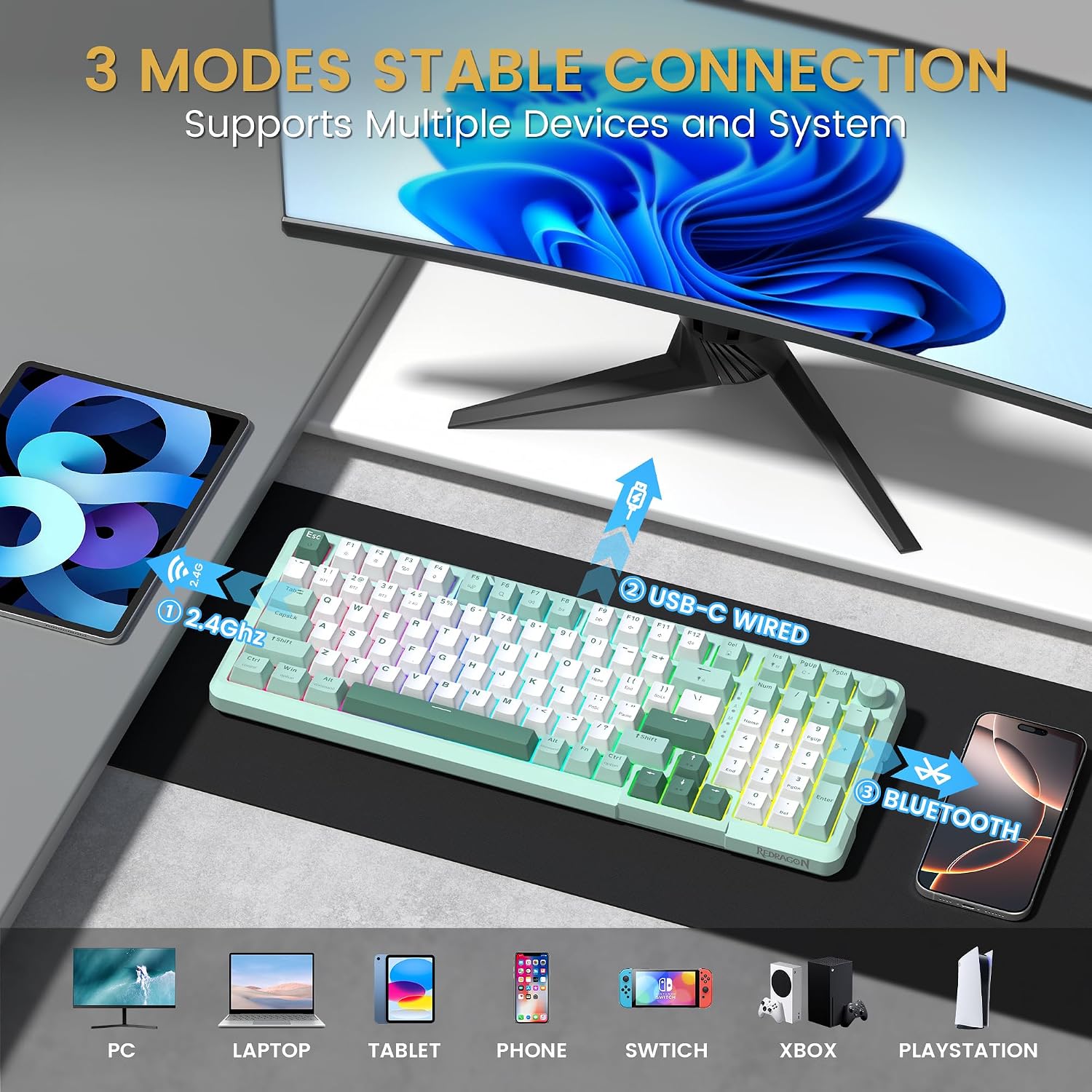 TECLADO MECÁNICO INALÁMBRICO REDRAGON K742 BLUETOOTH CON PERILLA - 3