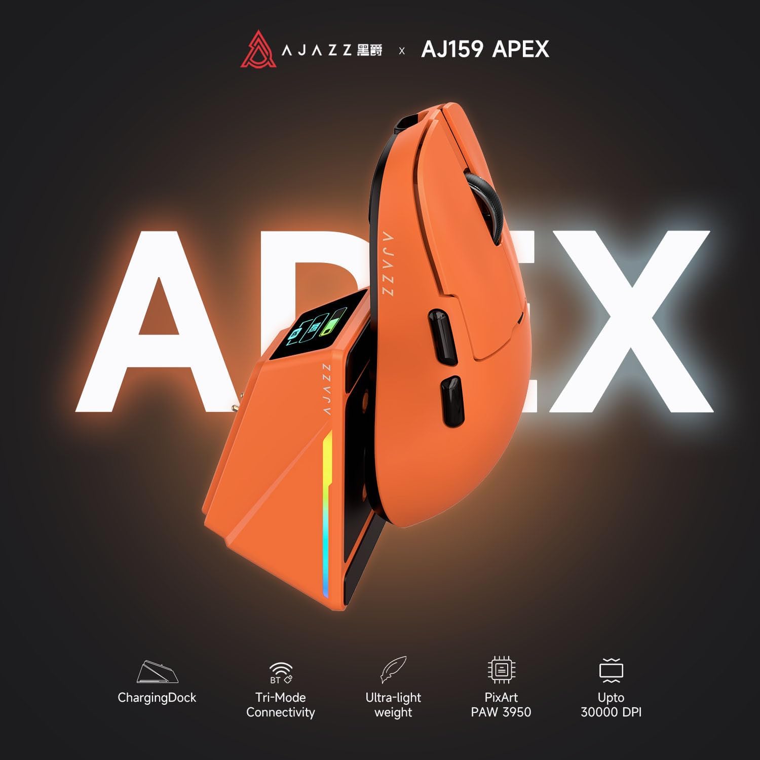 MOUSE GAMER DAIDAI AJAZZ AJ159 APEX INALÁMBRICO CON PANTALLA TFT Y BASE DE CARGA NARANJA - 2