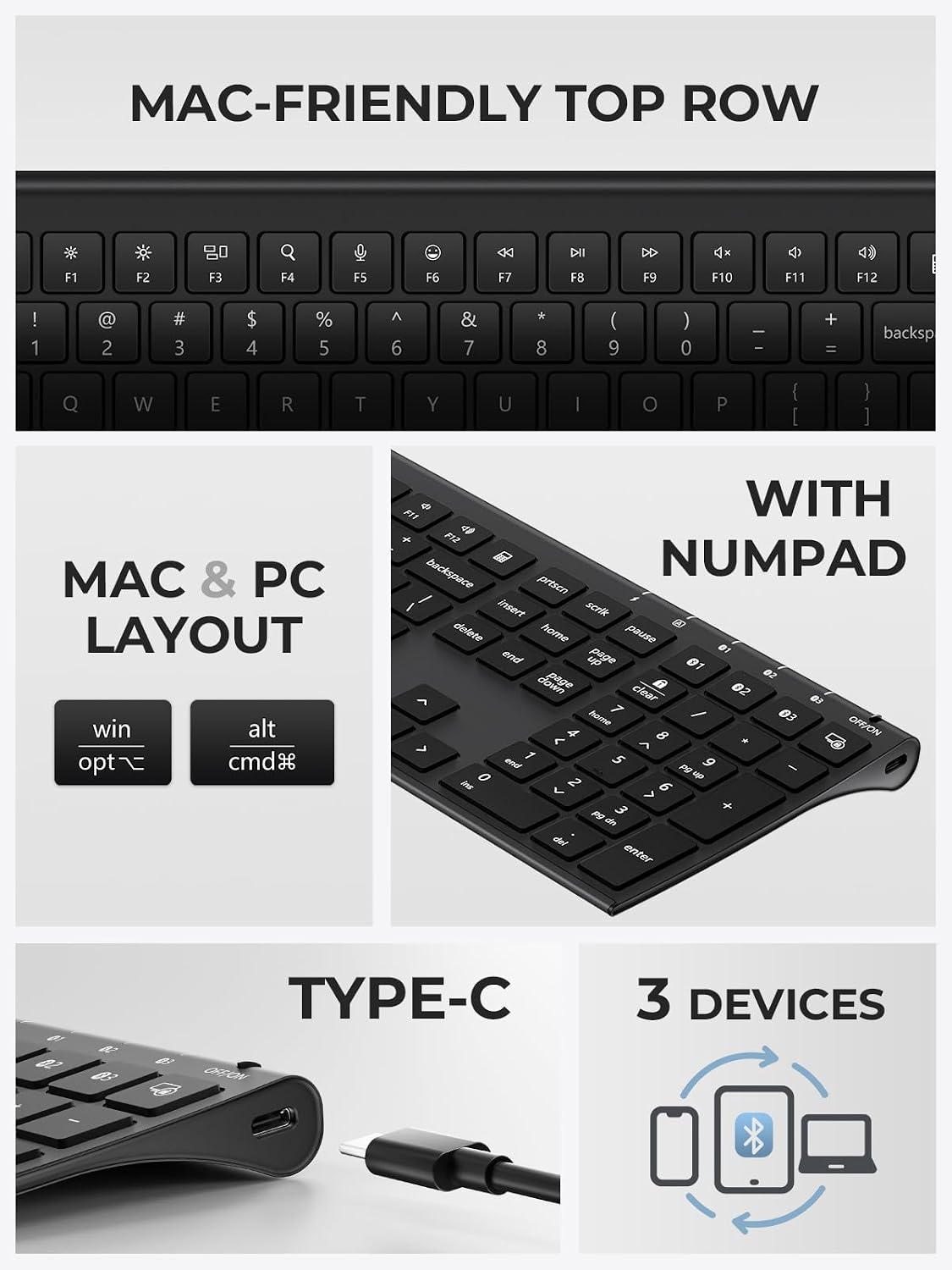 TECLADO BLUETOOTH ICLEVER BK10 MAX PARA MAC, DISEÑO DELGADO Y TAMAÑO COMPLETO, NEGRO - 2