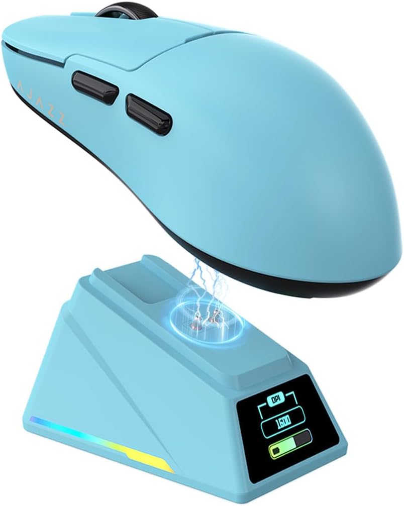 MOUSE GAMER DAIDAI AJAZZ AJ159 APEX INALÁMBRICO CON PANTALLA TFT Y BASE DE CARGA, 56G ULTRALIGERO, SENSOR PAW3950, MODO TRI, AZUL - 1