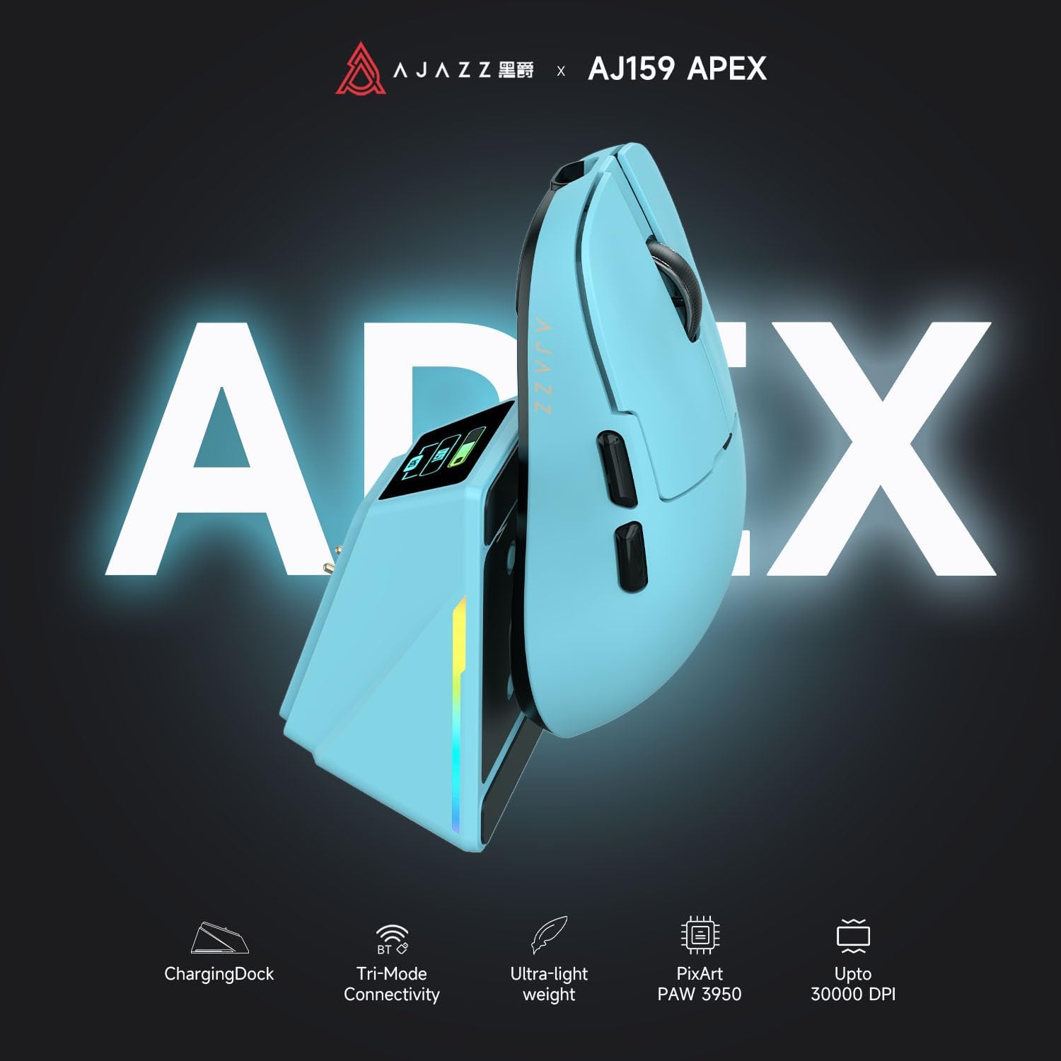 MOUSE GAMER DAIDAI AJAZZ AJ159 APEX INALÁMBRICO CON PANTALLA TFT Y BASE DE CARGA, 56G ULTRALIGERO, SENSOR PAW3950, MODO TRI, AZUL - 2