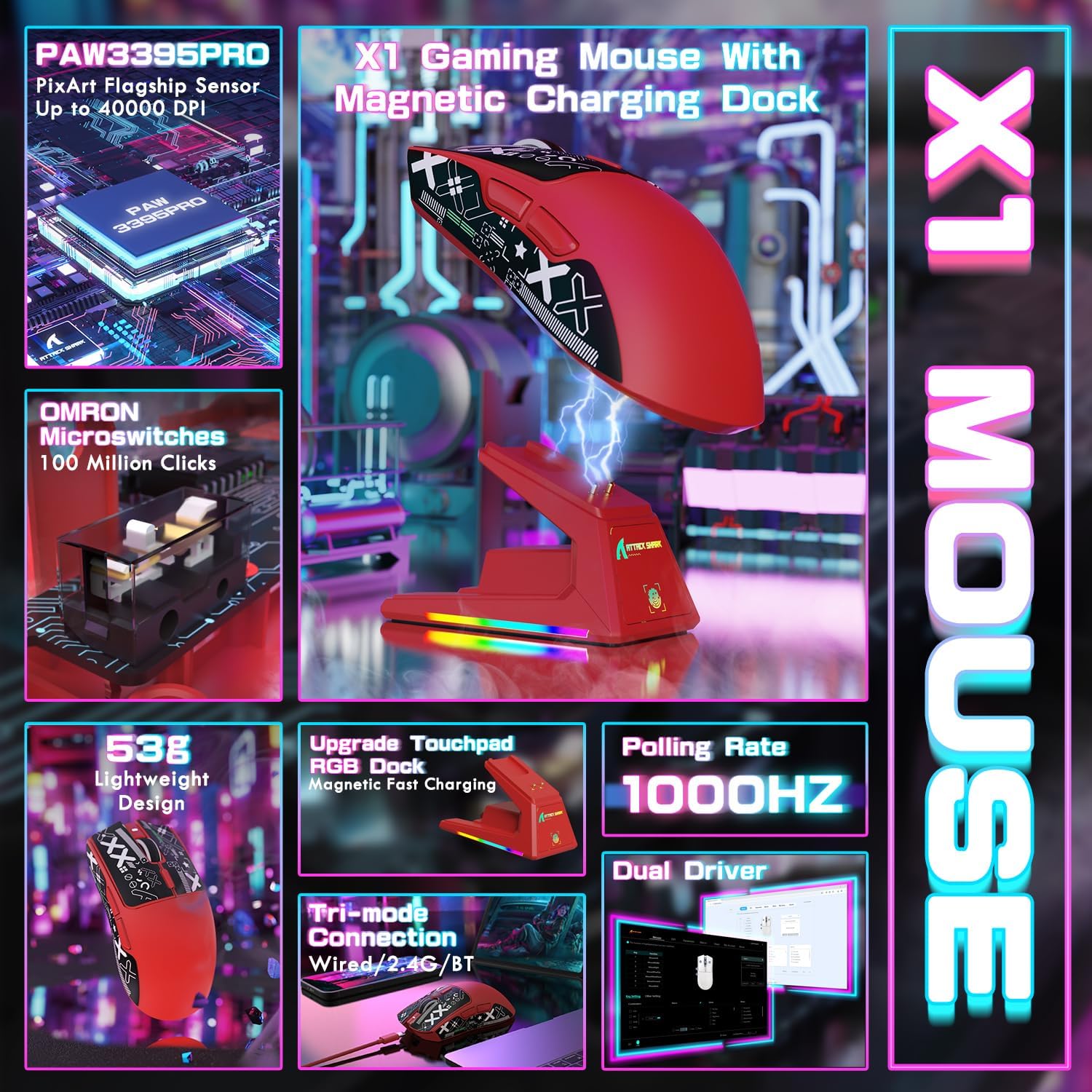 MOUSE GAMER ATTACK SHARK X1 ULTRALIGHT TRI MODE WIRELESS 40000 DPI ROJO - 2