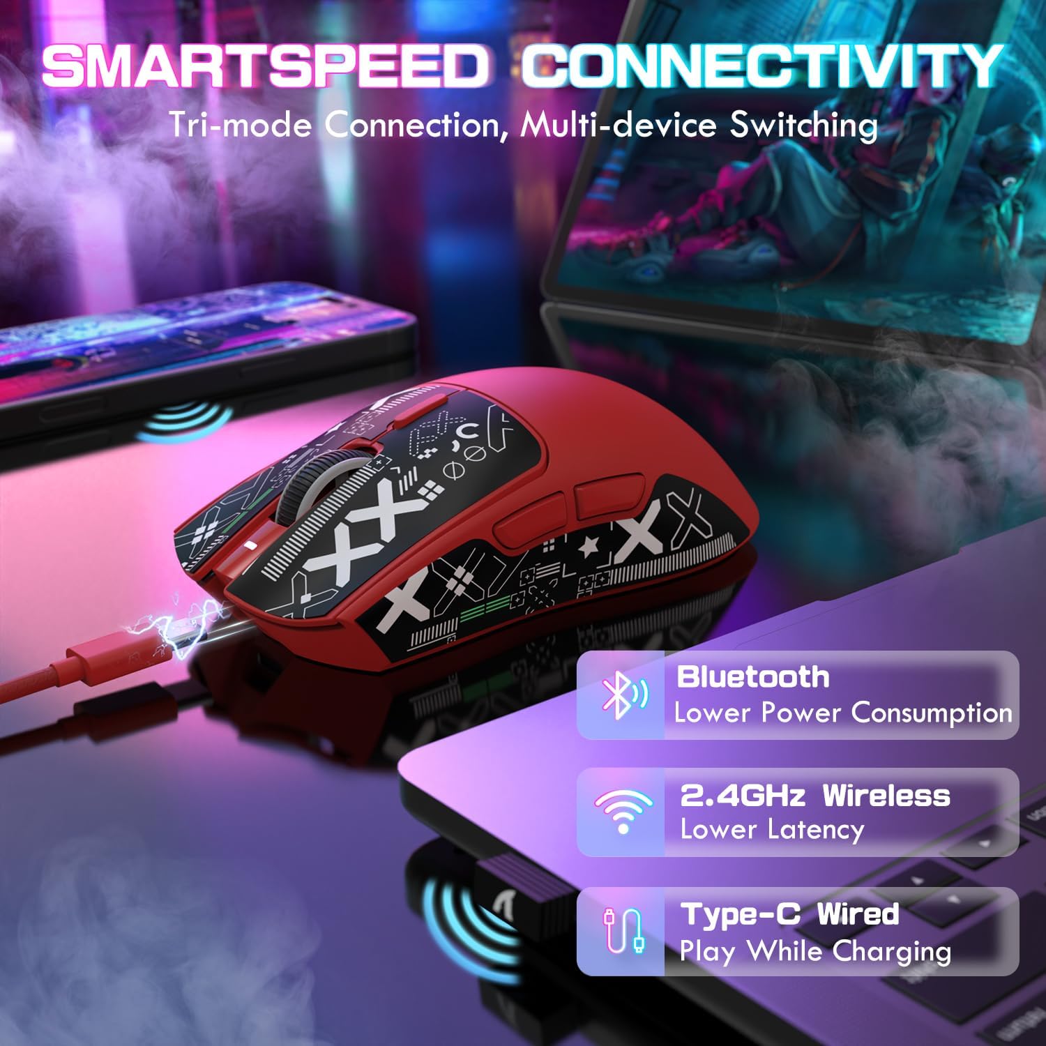 MOUSE GAMER ATTACK SHARK X1 ULTRALIGHT TRI MODE WIRELESS 40000 DPI ROJO - 5