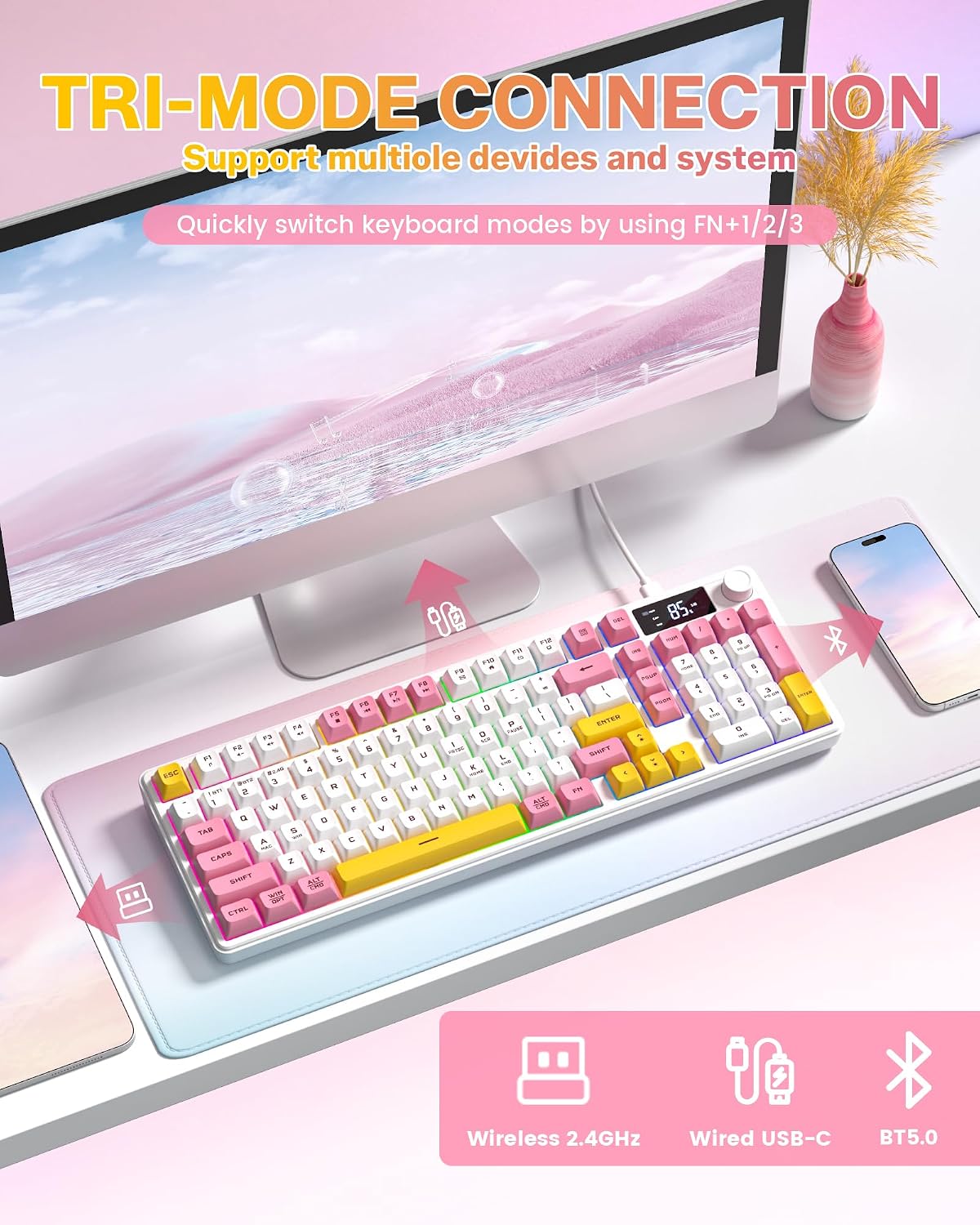 TECLADO KEYMATIC DK98PRO INALÁMBRICO BLANCO CON PERILLA MULTIMEDIA Y PANTALLA - 3