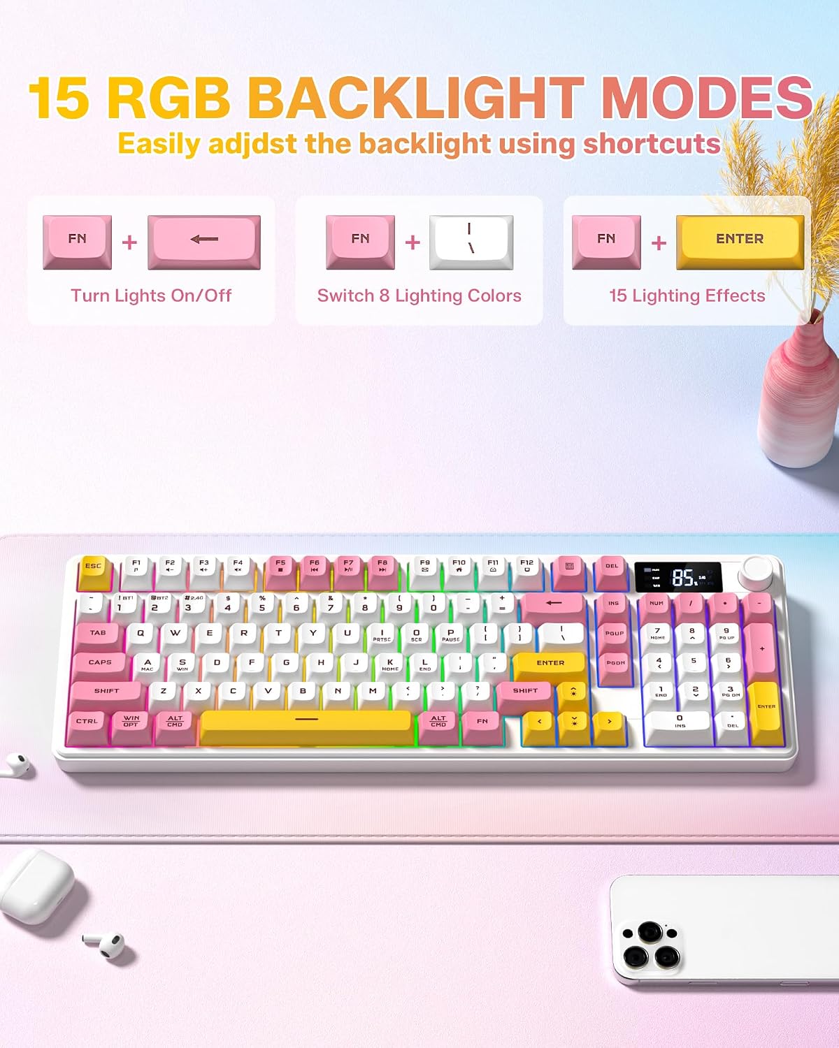 TECLADO KEYMATIC DK98PRO INALÁMBRICO BLANCO CON PERILLA MULTIMEDIA Y PANTALLA - 4