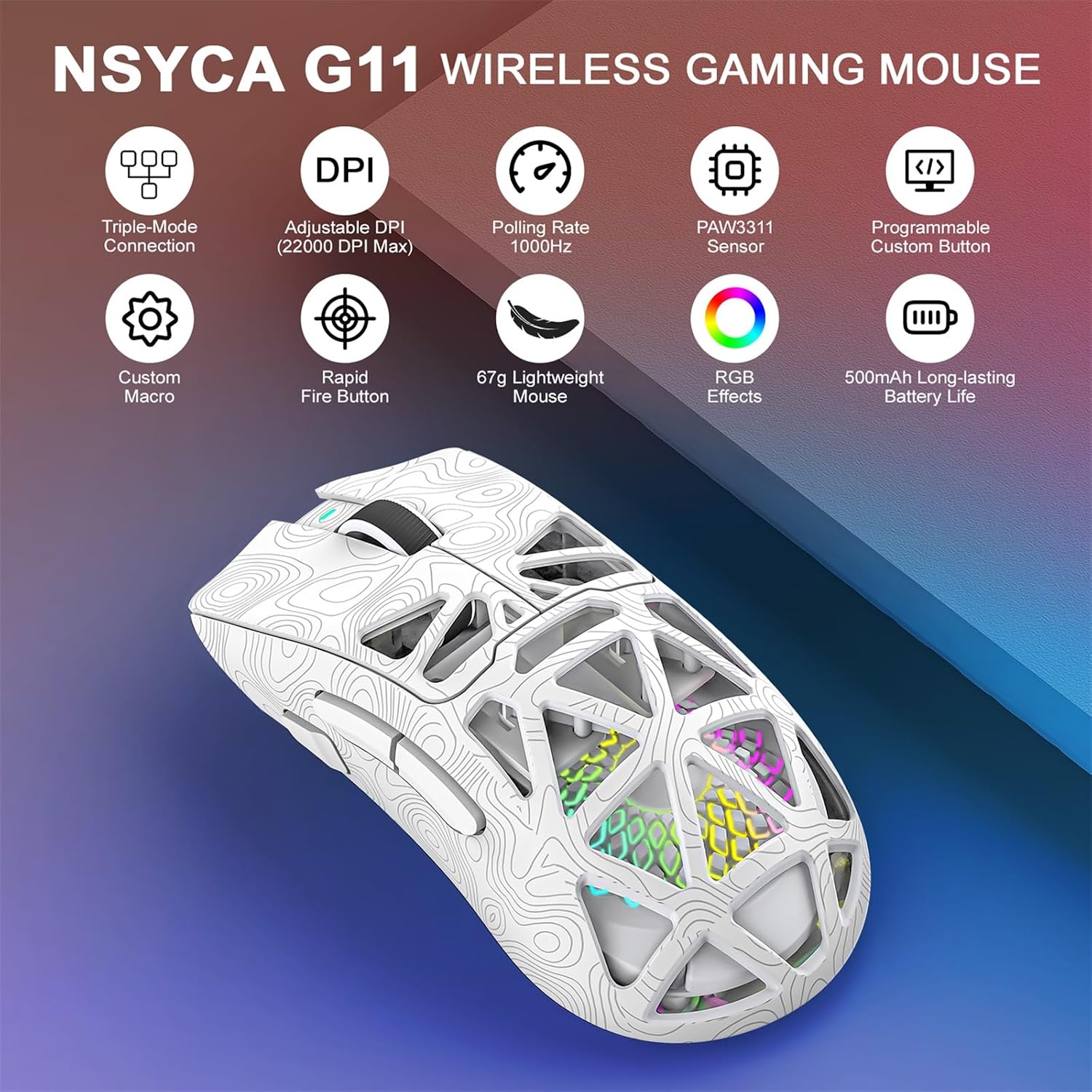 MOUSE GAMER NSYCA G11 RGB INALÁMBRICO TRI-MODE 22000 DPI - 2