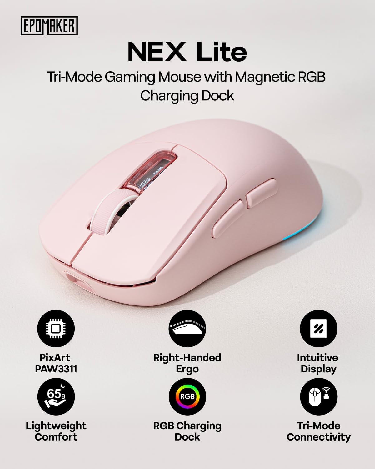 MOUSE GAMER EPOMAKER NEX LITE INALÁMBRICO CON PANTALLAS Y BASE DE CARGA RGB - 2