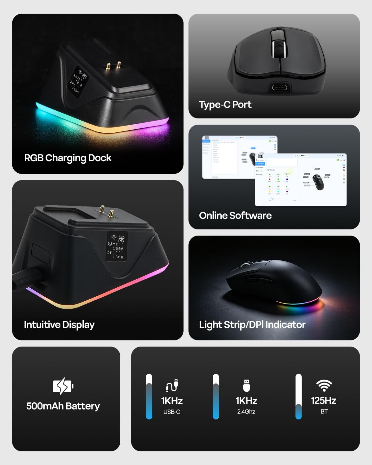 MOUSE GAMER EPOMAKER NEX LITE INALÁMBRICO CON PANTALLAS Y BASE DE CARGA RGB - 4