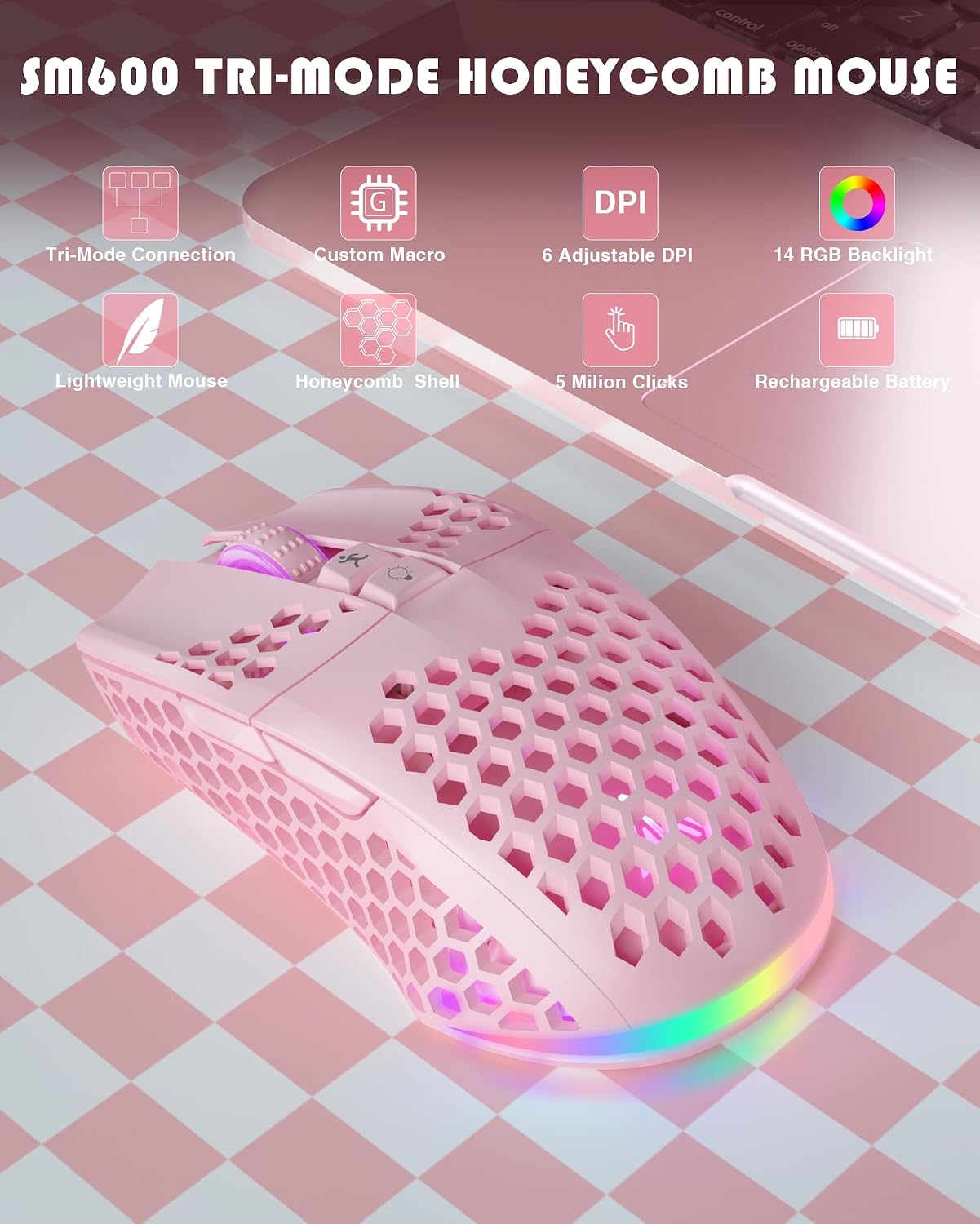 MOUSE GAMER SOLAKAKA SM600 INALÁMBRICO CON CONEXIÓN TRI-MODO BT5.0/TYPE-C/2.4G, 7 BOTONES PROGRAMABLES Y LUZ RGB - 2
