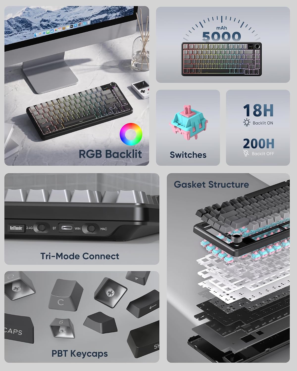 TECLADO MECÁNICO INALÁMBRICO REDTHUNDER K75 PRO 75% CON PANTALLA TFT Y PERILLA CNC GRIS DEGRADADO - 2