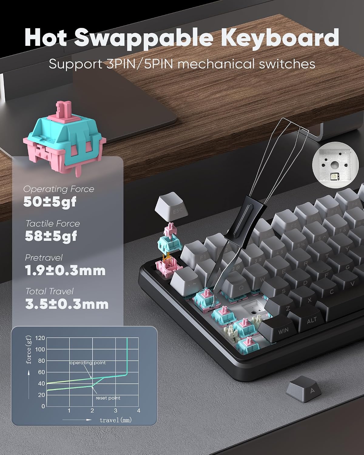 TECLADO MECÁNICO INALÁMBRICO REDTHUNDER K75 PRO 75% CON PANTALLA TFT Y PERILLA CNC GRIS DEGRADADO - 5