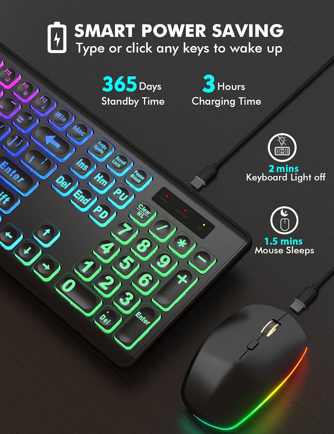 KIT INALÁMBRICO DE TECLADO Y MOUSE TRUEQUE CON RETROILUMINACIÓN RGB RECARGABLE - 4