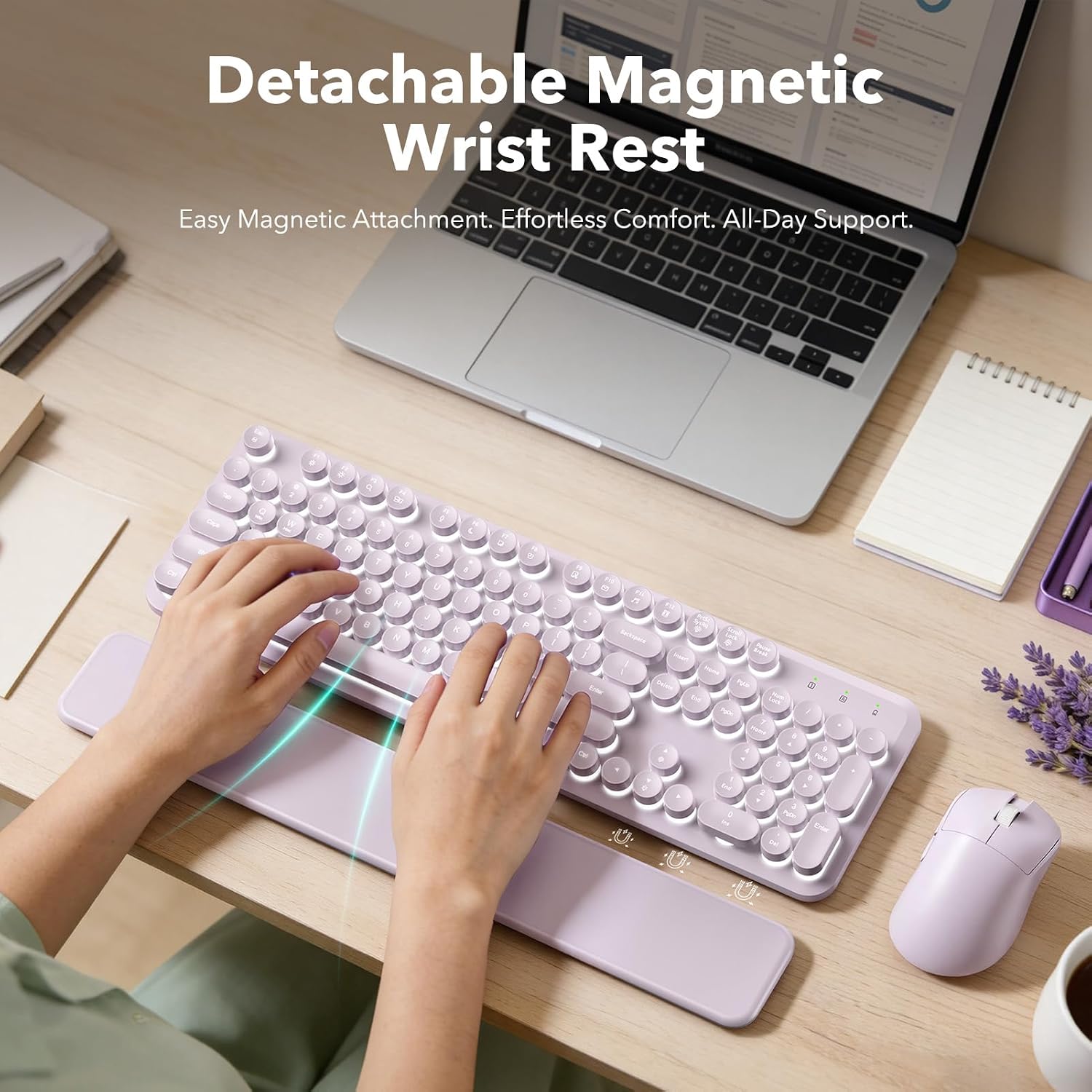 KIT INALÁMBRICO DE TECLADO Y MOUSE SABLUTE RECARGABLE CON RETROILUMINACIÓN Y REPOSAMUÑECAS MAGNÉTICO MORADO - 3