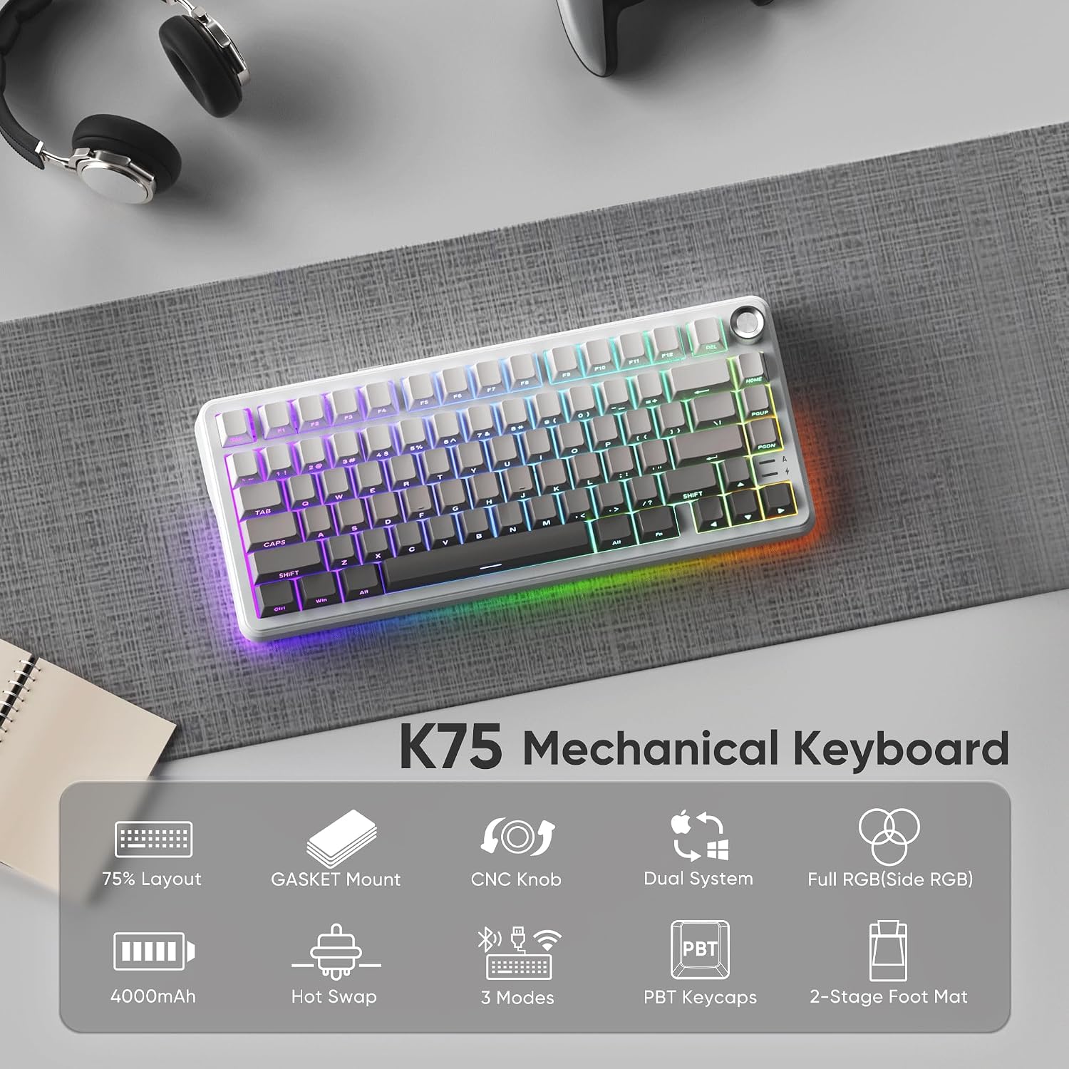 TECLADO MECÁNICO INALÁMBRICO REDTHUNDER K75 RGB 75% BLANCO Y GRIS - 2