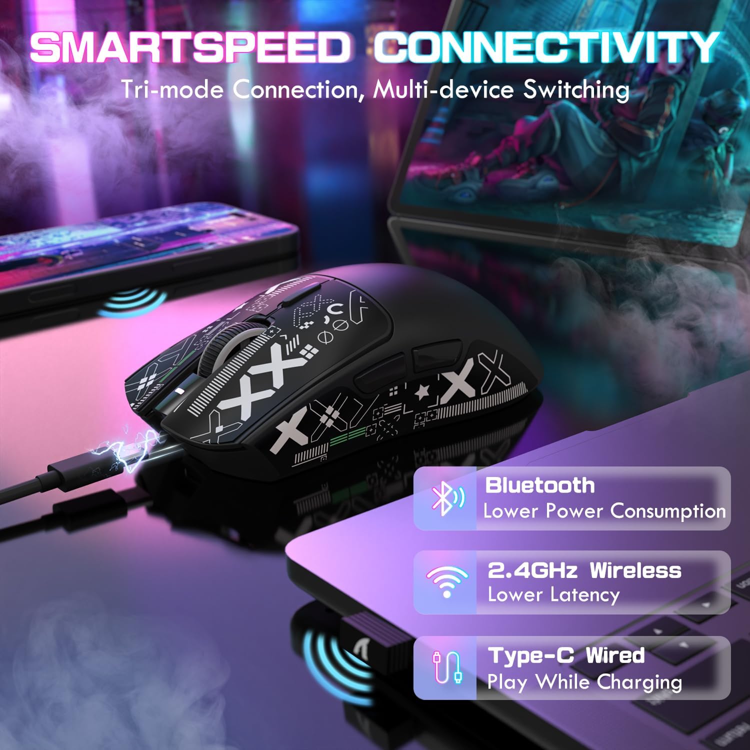 MOUSE GAMER ATTACK SHARK X1 ULTRALIGHT TRI MODE WIRELESS 40000 DPI NEGRO - 5