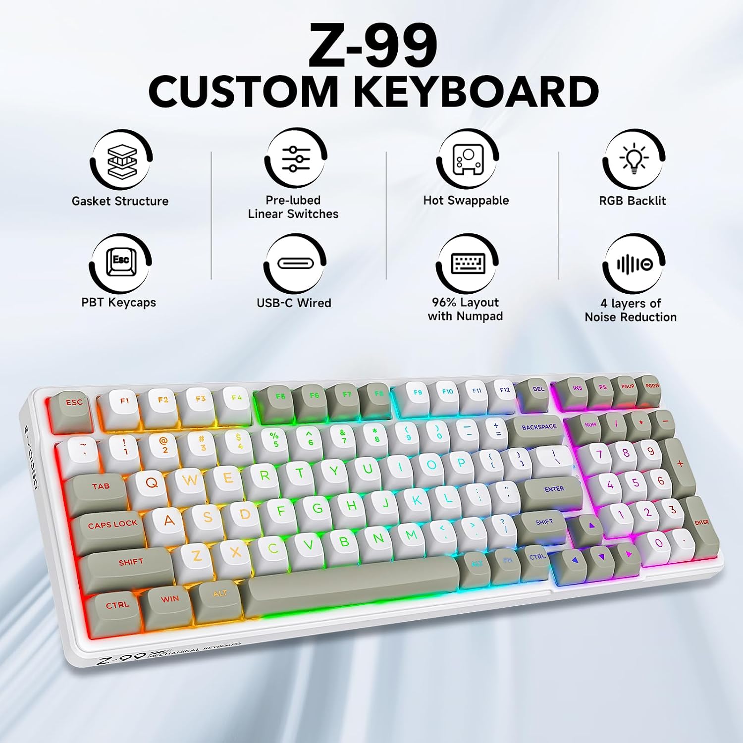 TECLADO MECÁNICO HUO JI Z-99 CON CABLE, RETROILUMINACIÓN RGB, BLANCO GRIS - 2