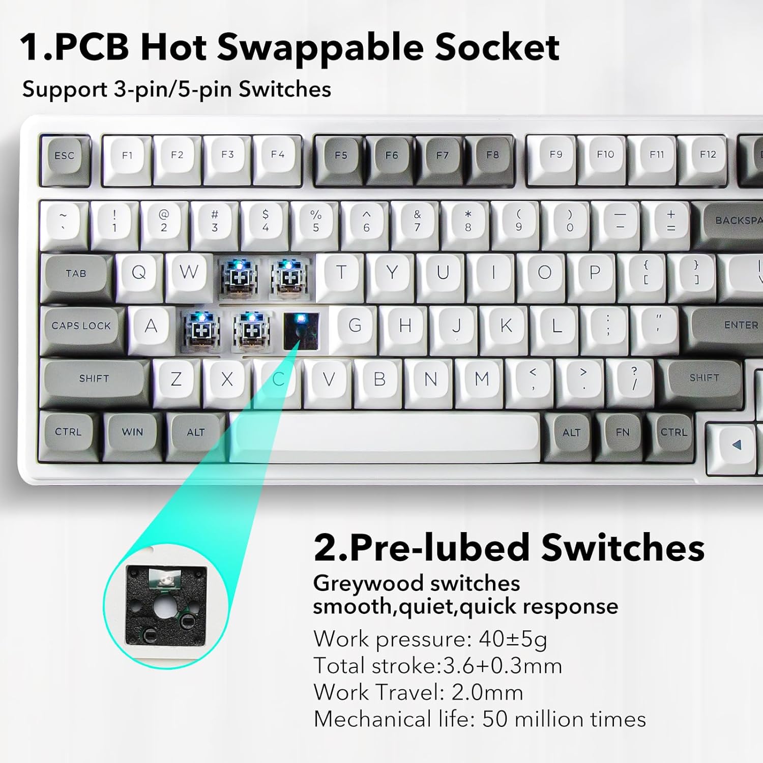 TECLADO MECÁNICO HUO JI Z-99 CON CABLE, RETROILUMINACIÓN RGB, BLANCO GRIS - 3