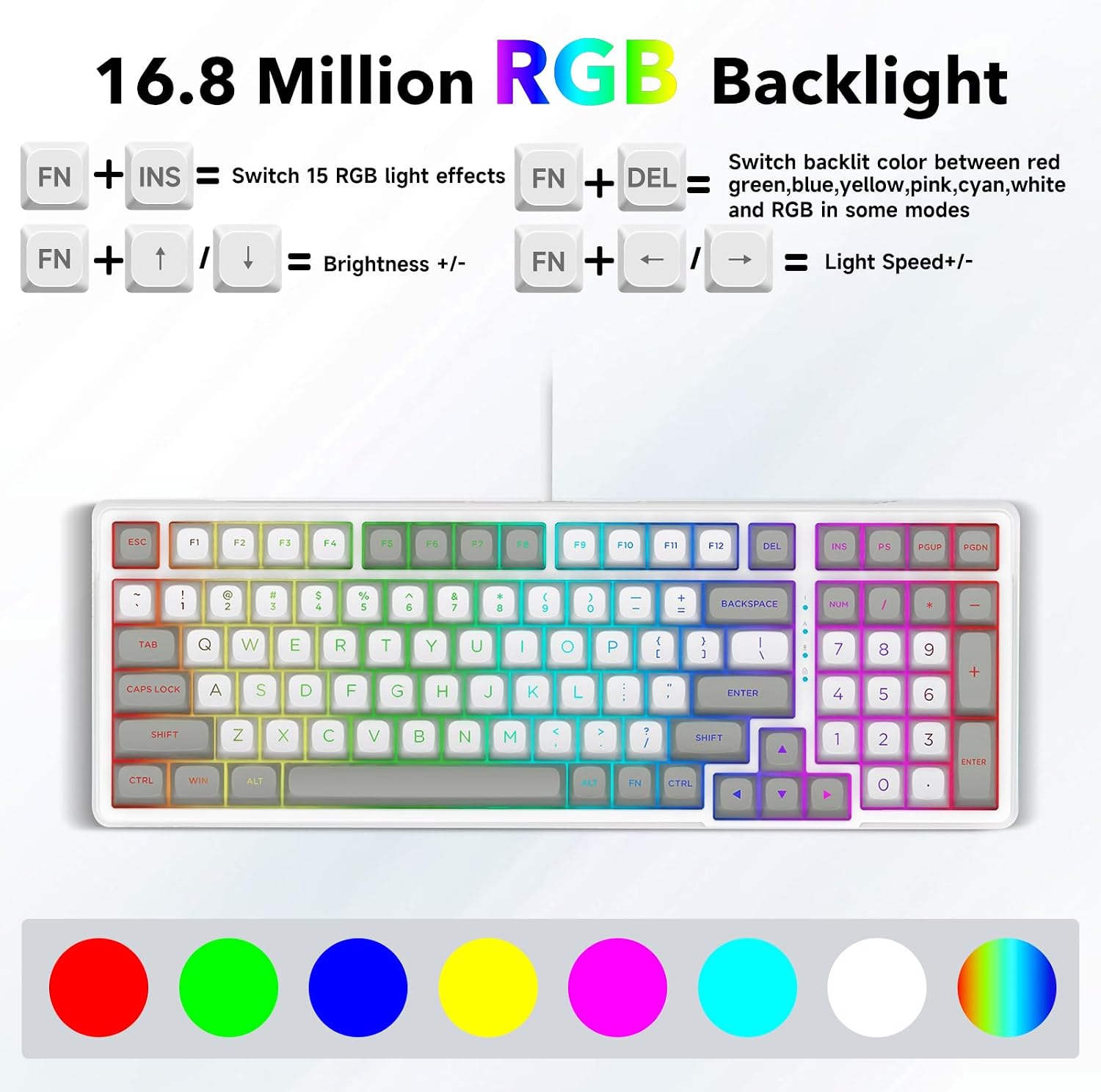 TECLADO MECÁNICO HUO JI Z-99 CON CABLE, RETROILUMINACIÓN RGB, BLANCO GRIS - 5