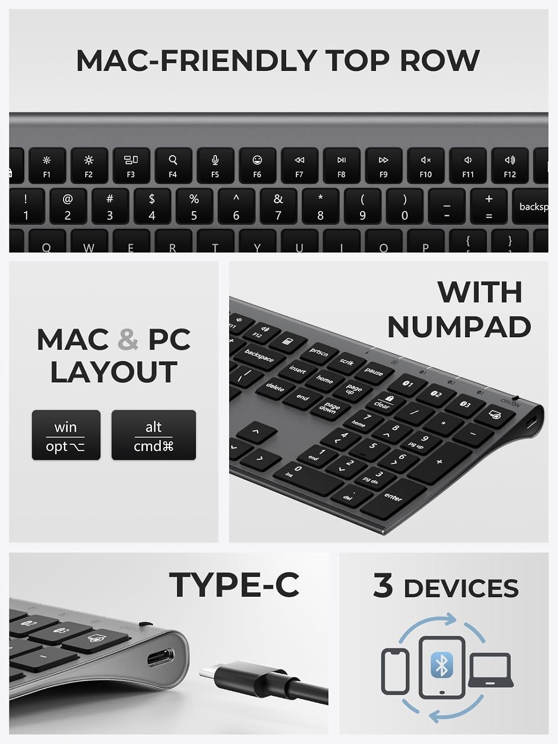TECLADO BLUETOOTH ICLEVER BK10 MAX PARA MAC, DISEÑO DELGADO Y TAMAÑO COMPLETO, GRIS - 2