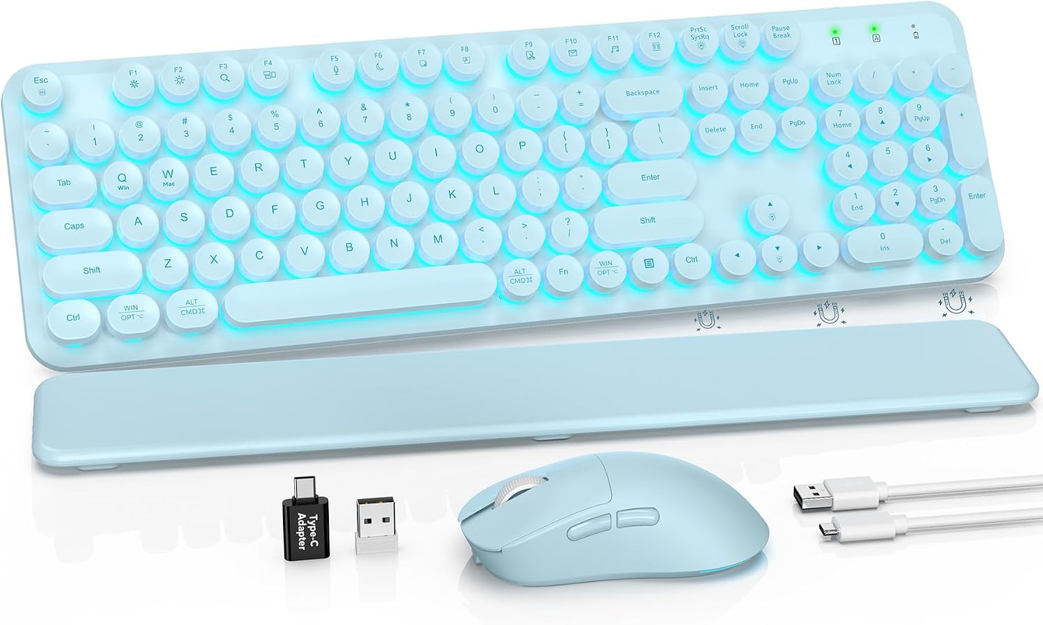 KIT INALÁMBRICO DE TECLADO Y MOUSE SABLUTE RETRO CON TECLAS REDONDAS Y LUZ AZUL - 1