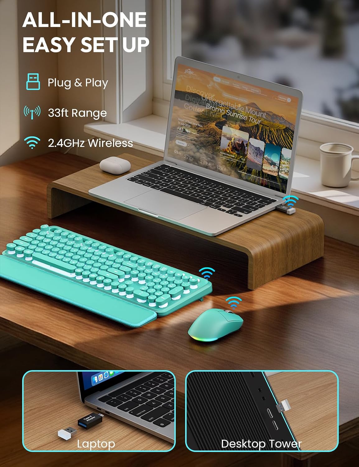 KIT INALÁMBRICO TECLADO Y MOUSE SABLUTE RETRO CON REPOSAMUÑECAS MAGNÉTICO - 5
