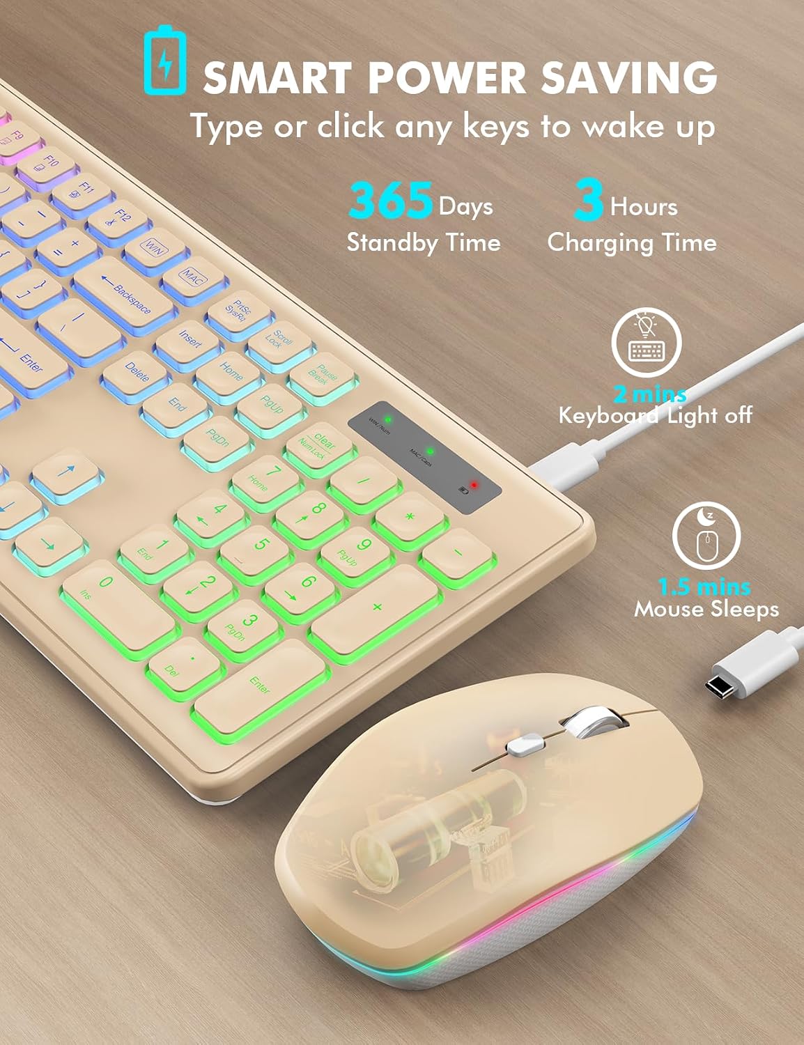 KIT INALÁMBRICO TECLADO Y MOUSE TRUEQUE CON RETROILUMINACIÓN RGB RECARGABLE - 3