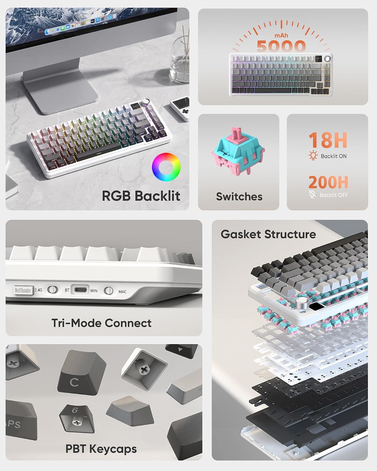 TECLADO MECÁNICO INALÁMBRICO REDTHUNDER K75 PRO 75% CON PANTALLA TFT Y PERILLA, RGB, HOT-SWAP, BATERÍA 5000MAH, SNOW Y ASH - 2