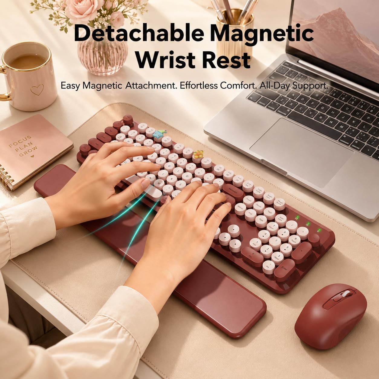 KIT INALÁMBRICO TECLADO Y MOUSE SABLUTE BURGUNDY RED CON REPOSAMUÑECAS MAGNÉTICO - 2