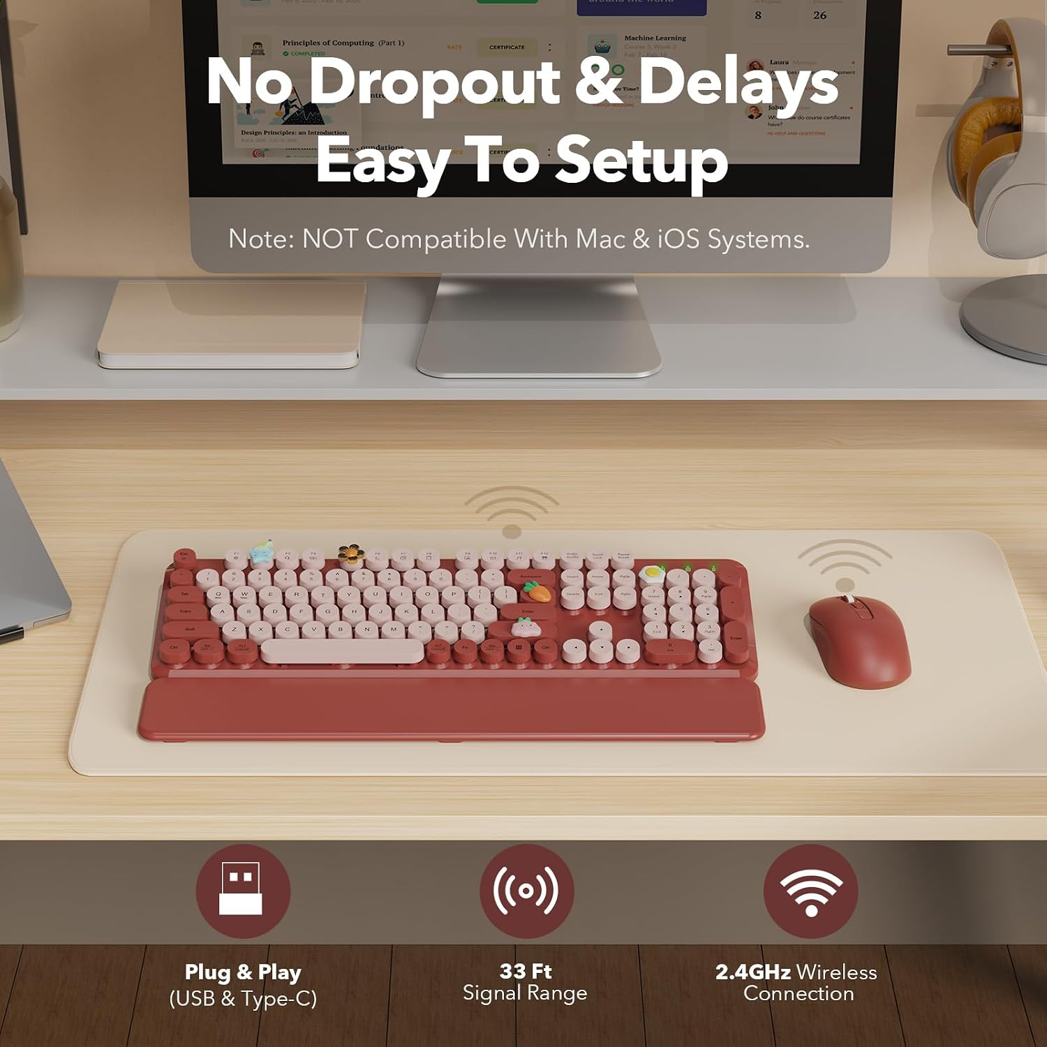 KIT INALÁMBRICO TECLADO Y MOUSE SABLUTE BURGUNDY RED CON REPOSAMUÑECAS MAGNÉTICO - 5