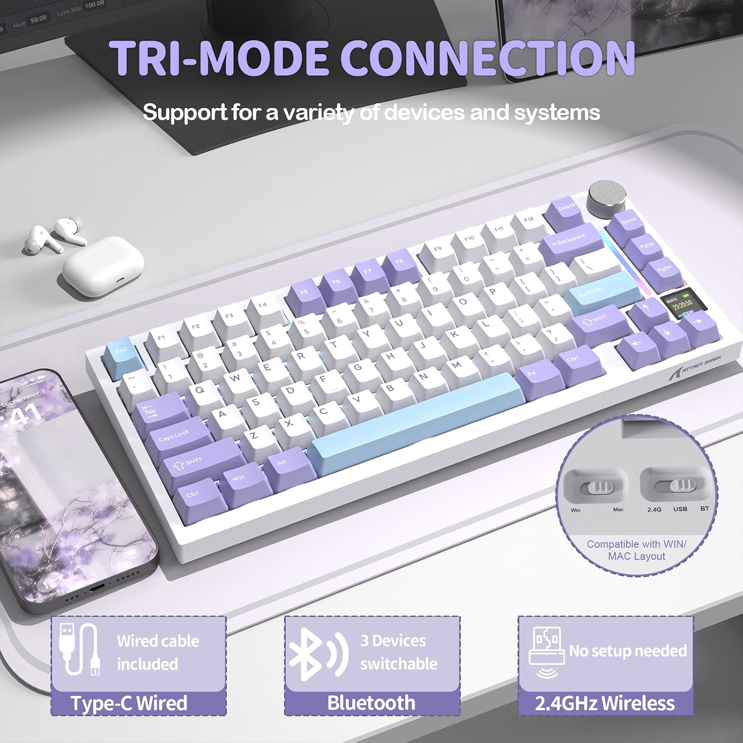 TECLADO MECÁNICO INALÁMBRICO ATTACK SHARK X820 ULTRA 75% BLANCO STARLIGHT - 3