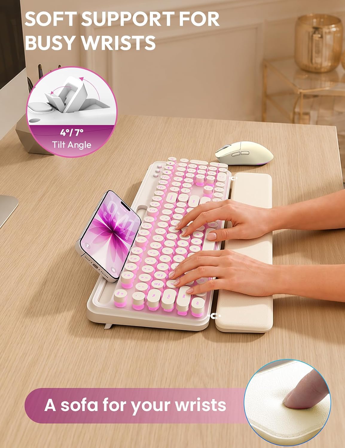 KIT INALÁMBRICO TECLADO Y MOUSE SABLUTE RETRO CON REPOSAMUÑECAS MAGNÉTICO - 3