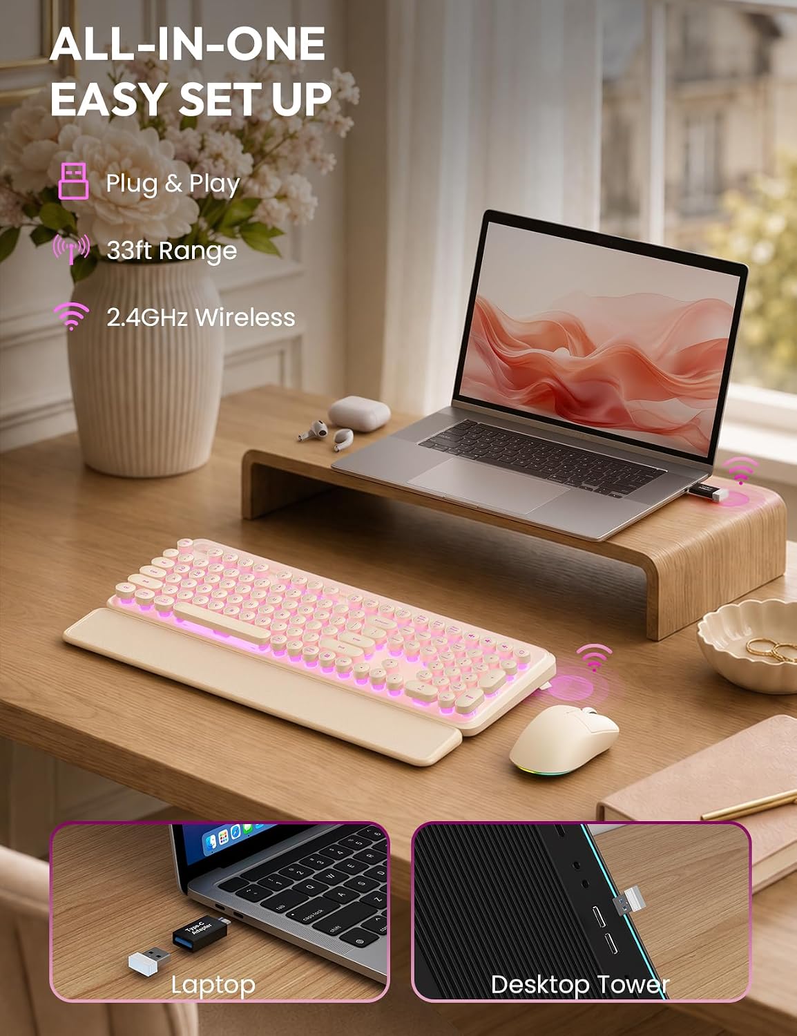 KIT INALÁMBRICO TECLADO Y MOUSE SABLUTE RETRO CON REPOSAMUÑECAS MAGNÉTICO - 4