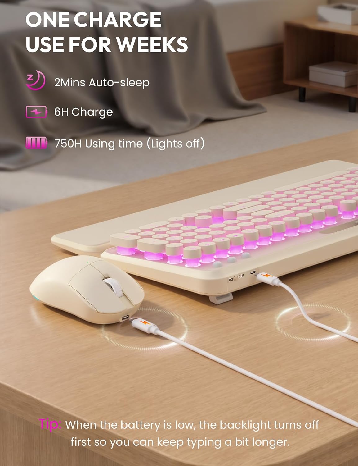KIT INALÁMBRICO TECLADO Y MOUSE SABLUTE RETRO CON REPOSAMUÑECAS MAGNÉTICO - 5