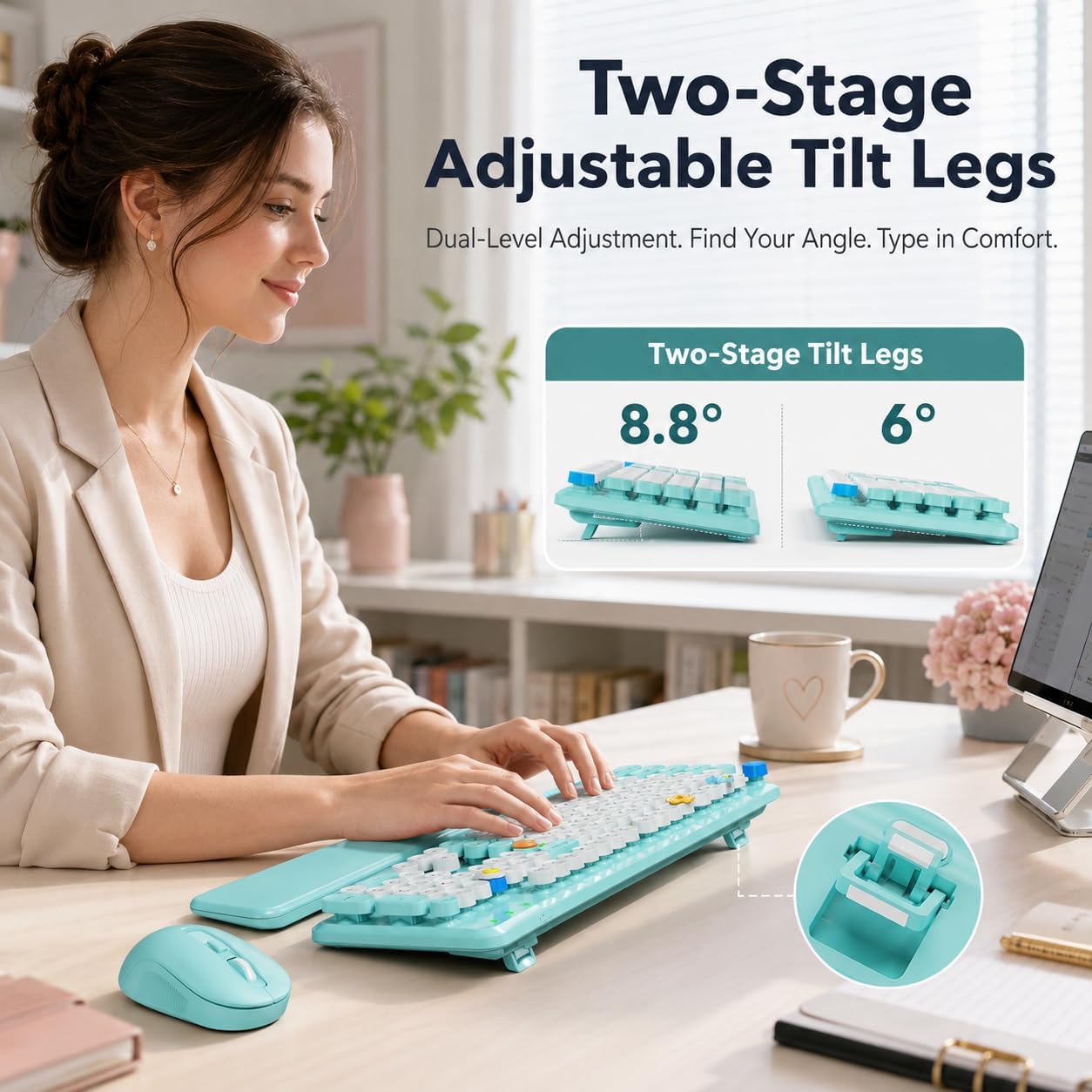 KIT INALÁMBRICO TECLADO Y MOUSE SABLUTE PALE TURQUOISE CON REPOSAMUÑECAS MAGNÉTICO - 4