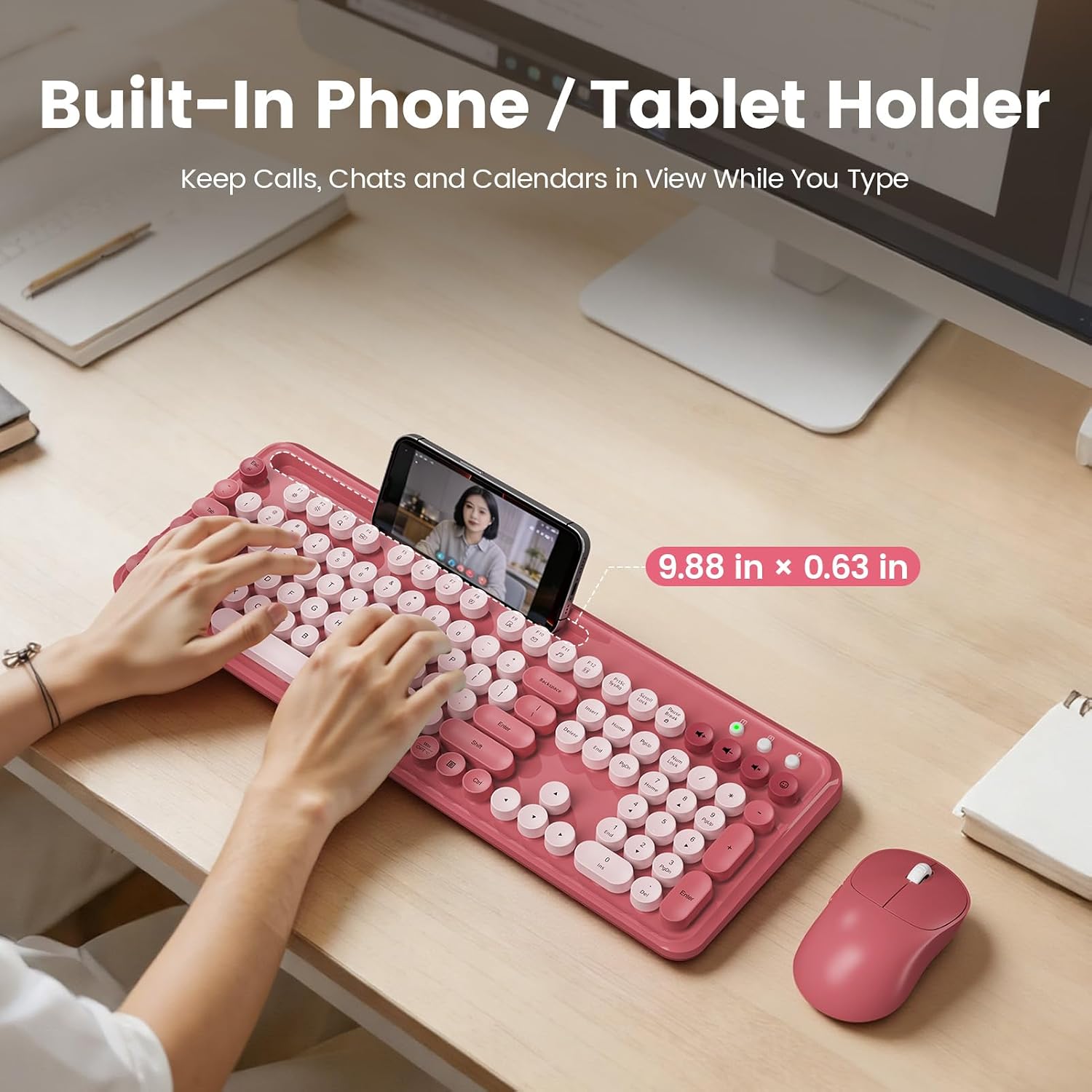 KIT INALÁMBRICO DE TECLADO Y MOUSE SABLUTE CK23 ESTILO MÁQUINA DE ESCRIBIR ROSA - 2
