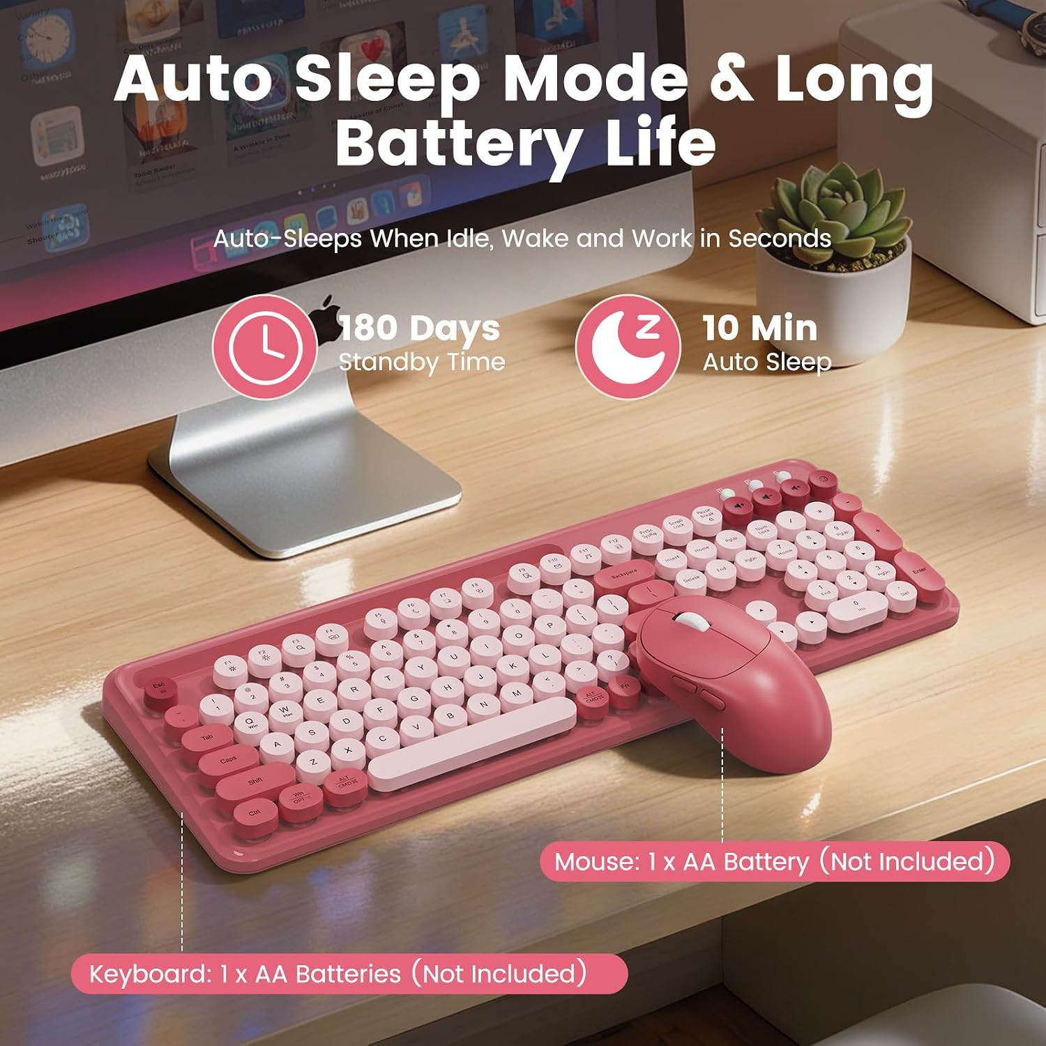 KIT INALÁMBRICO DE TECLADO Y MOUSE SABLUTE CK23 ESTILO MÁQUINA DE ESCRIBIR ROSA - 4