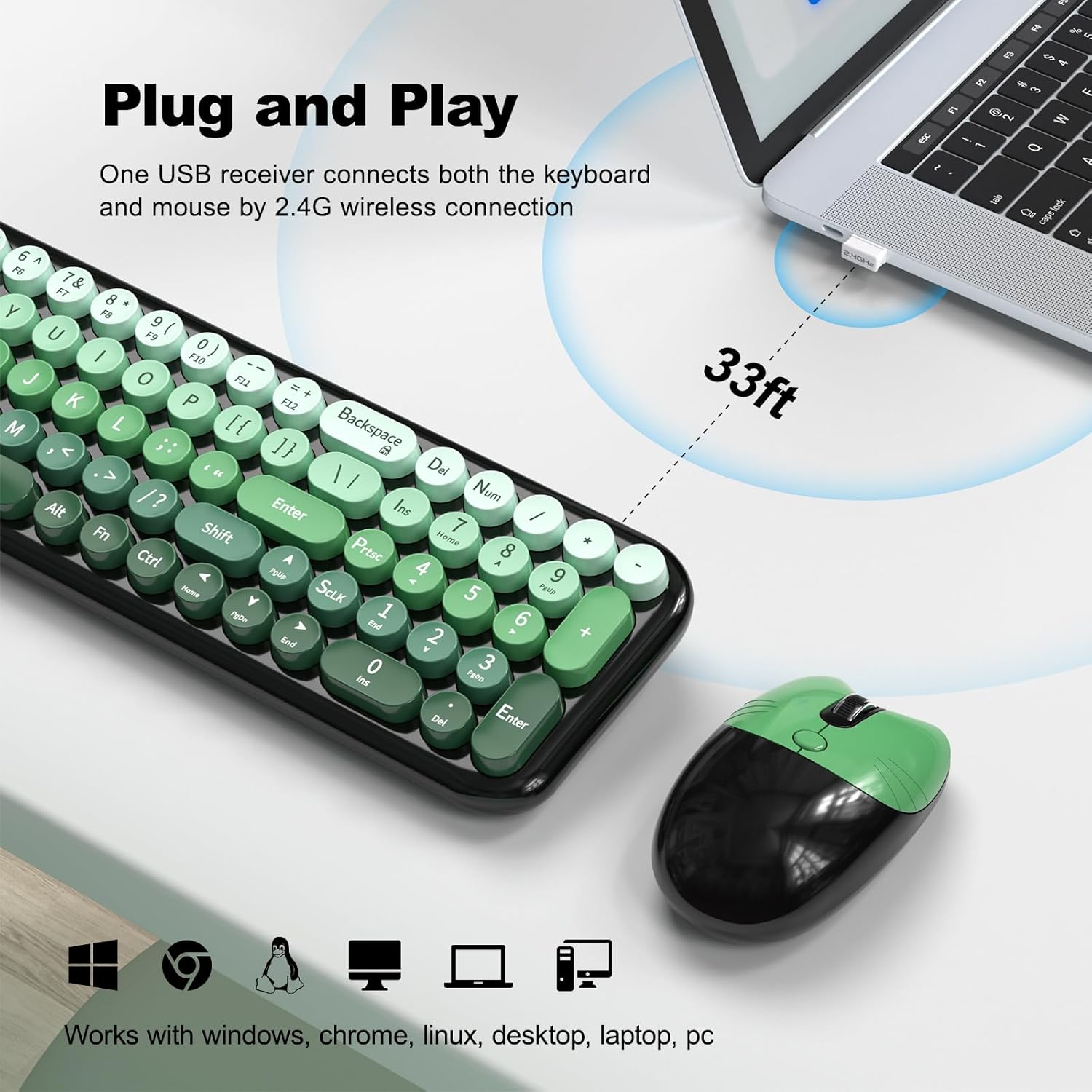 KIT INALÁMBRICO DE TECLADO Y MOUSE MOFII MODELO RETRO NEGRO CON DEGRADADO VERDE - 2