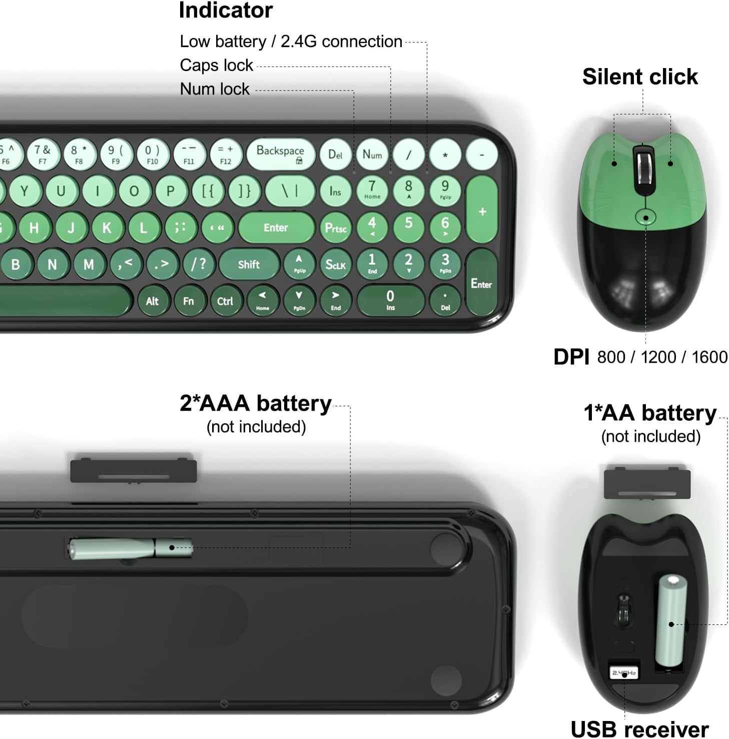 KIT INALÁMBRICO DE TECLADO Y MOUSE MOFII MODELO RETRO NEGRO CON DEGRADADO VERDE - 5