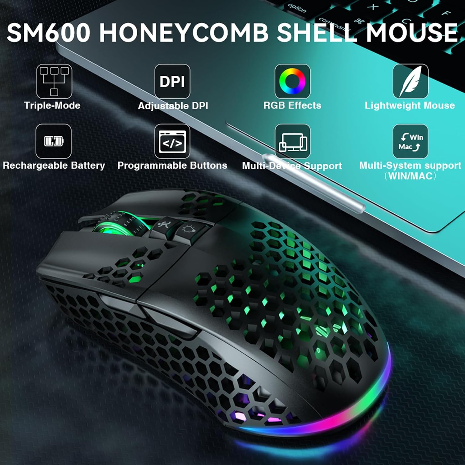 MOUSE GAMER SOLAKAKA SM600 INALÁMBRICO CON CONEXIÓN TRI-MODO Y LUZ RGB - 2
