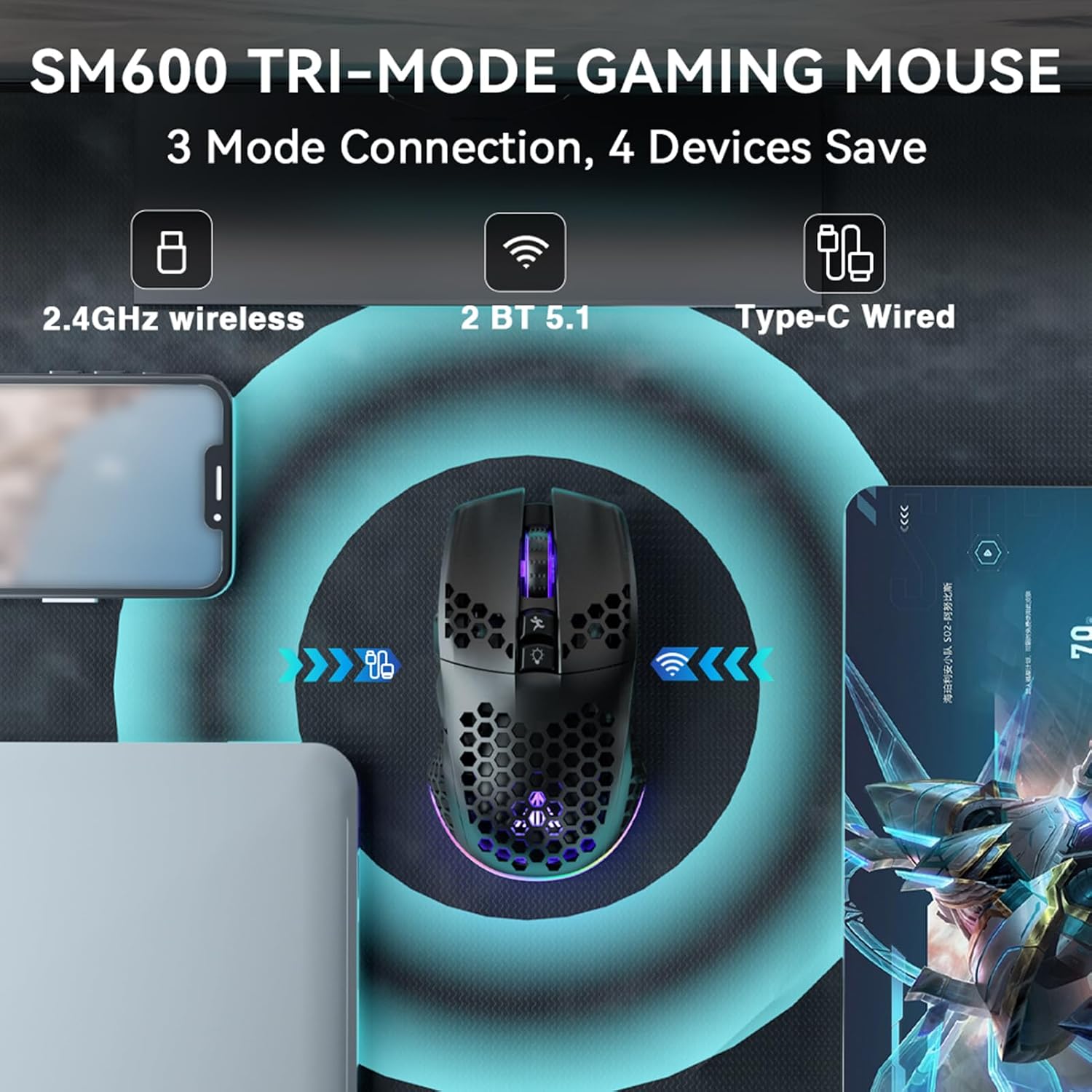 MOUSE GAMER SOLAKAKA SM600 INALÁMBRICO CON CONEXIÓN TRI-MODO Y LUZ RGB - 3