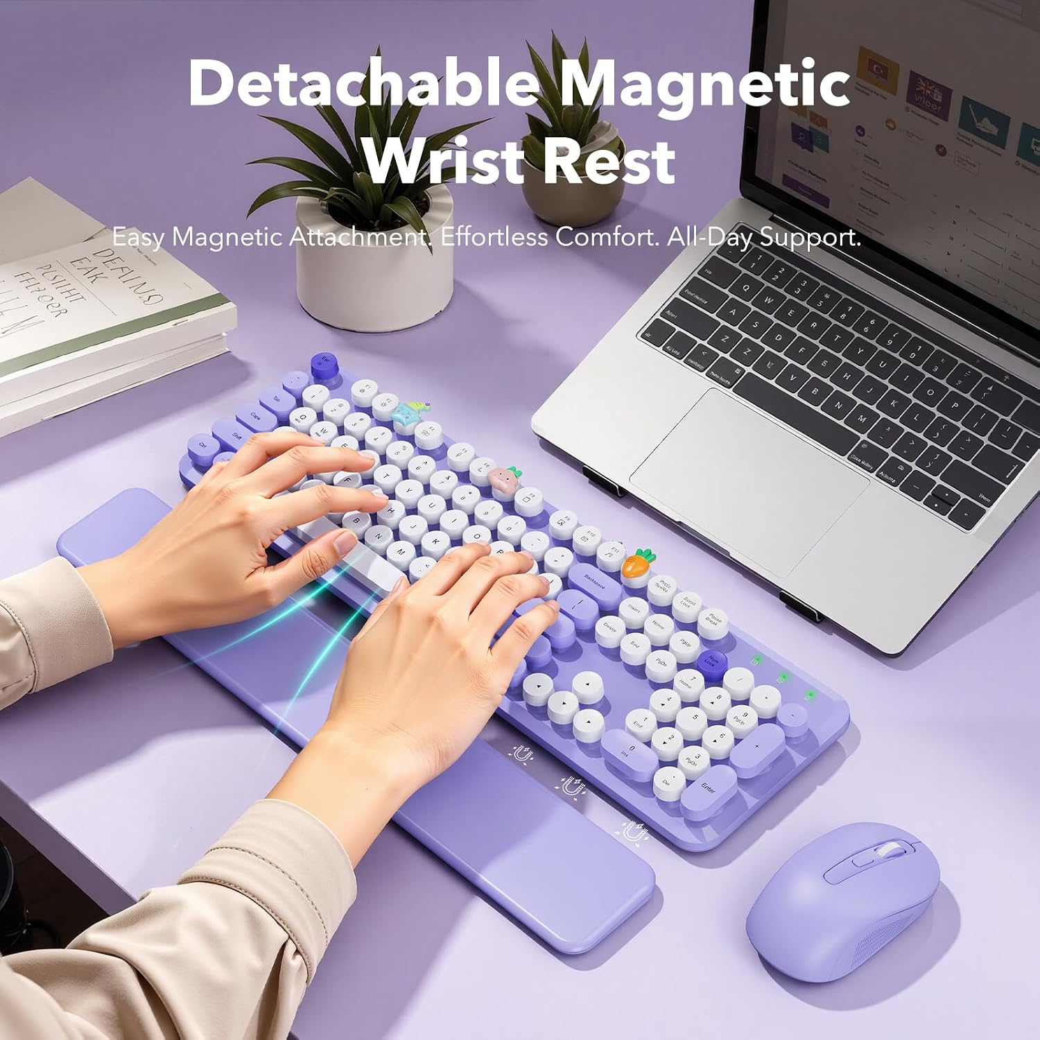 KIT INALÁMBRICO TECLADO Y MOUSE SABLUTE MORADO CON REPOSAMUÑECAS MAGNÉTICO - 2