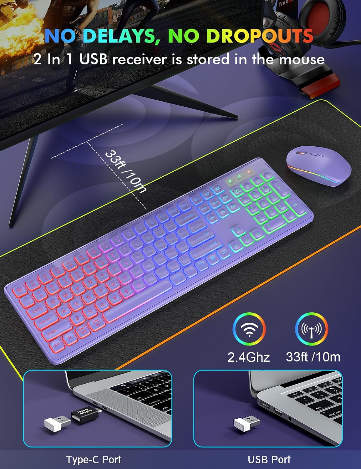 KIT INALÁMBRICO DE TECLADO Y MOUSE TRUEQUE CON RETROILUMINACIÓN RGB Y BATERÍA RECARGABLE - 4