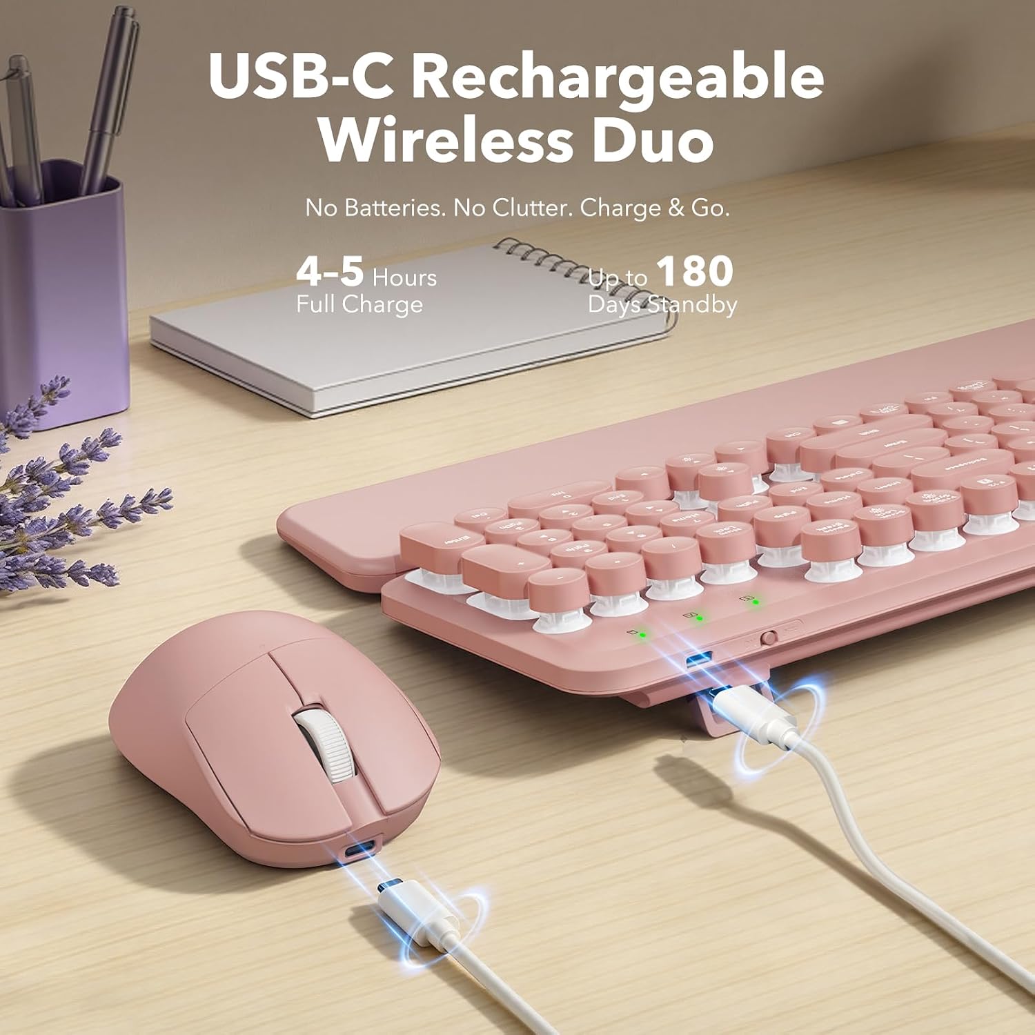 KIT INALÁMBRICO DE TECLADO Y MOUSE SABLUTE RETRO CON RETROILUMINACIÓN RECARGABLE ROSA - 4