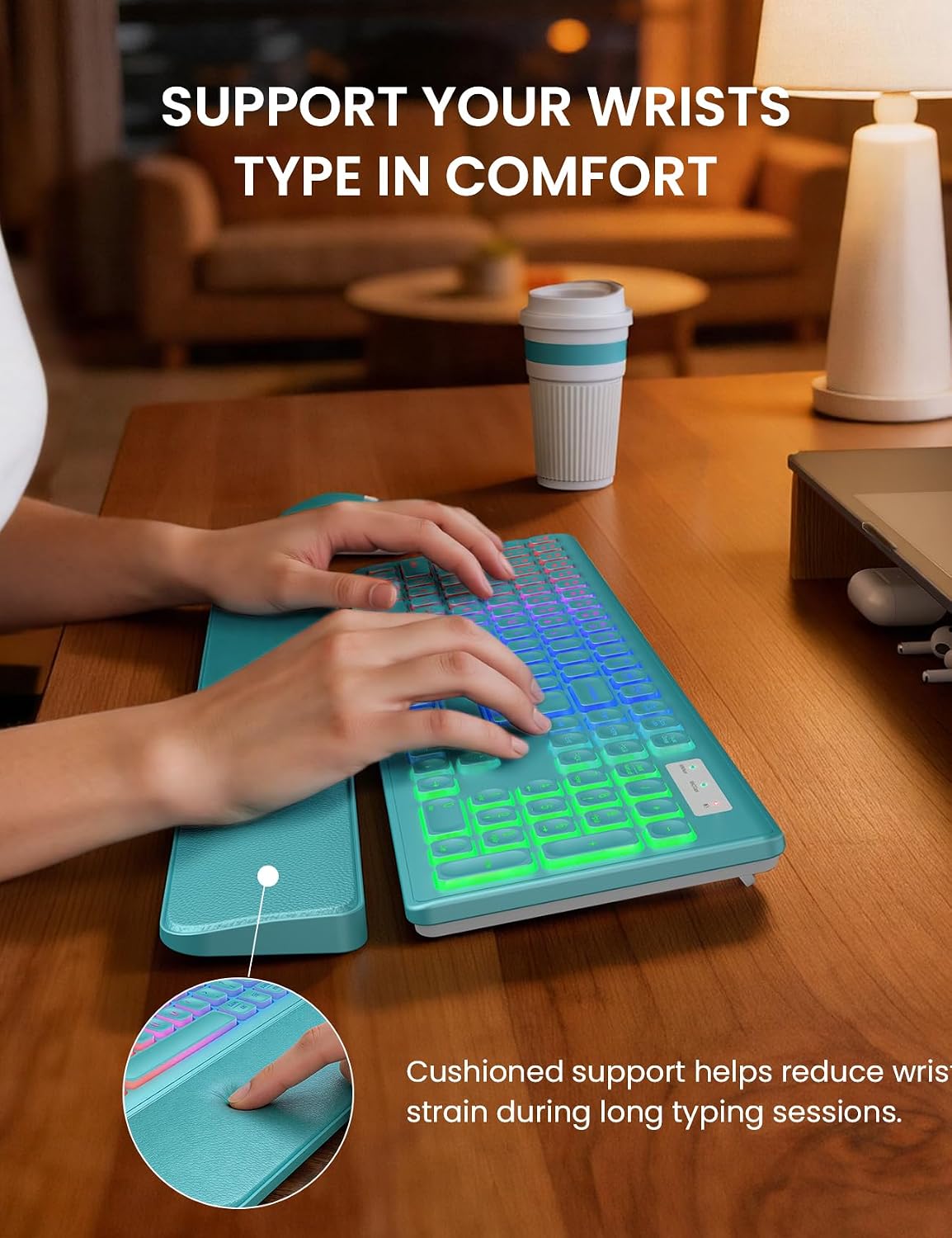 KIT INALÁMBRICO TECLADO Y MOUSE TRUEQUE RGB RECARGABLE CON REPOSAMUÑECAS - 3