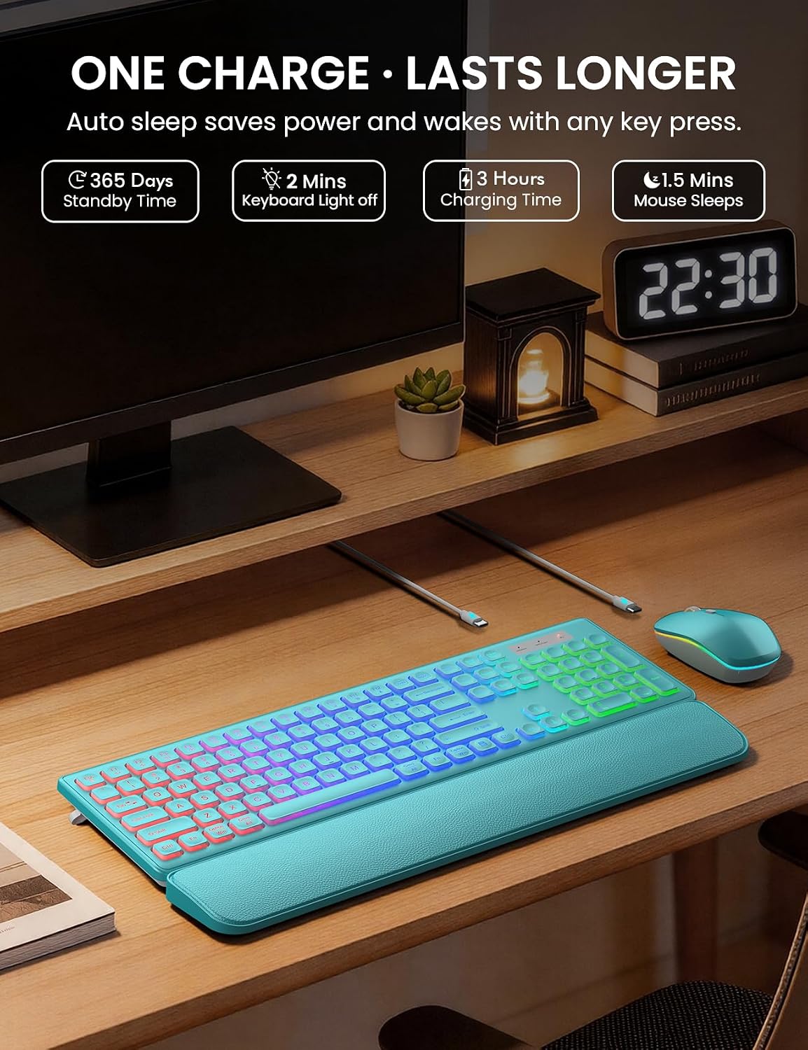 KIT INALÁMBRICO TECLADO Y MOUSE TRUEQUE RGB RECARGABLE CON REPOSAMUÑECAS - 4