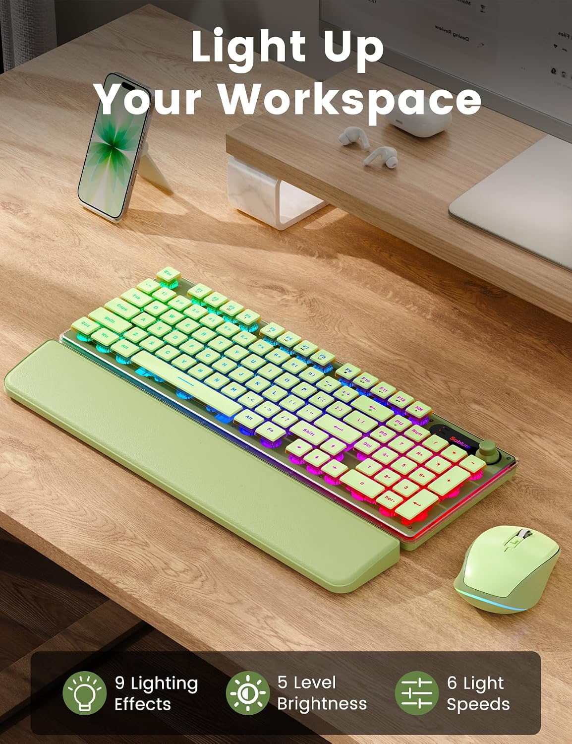 KIT INALÁMBRICO DE TECLADO Y MOUSE SABLUTE VERDE CON RETROILUMINACIÓN Y BATERÍA RECARGABLE - 2