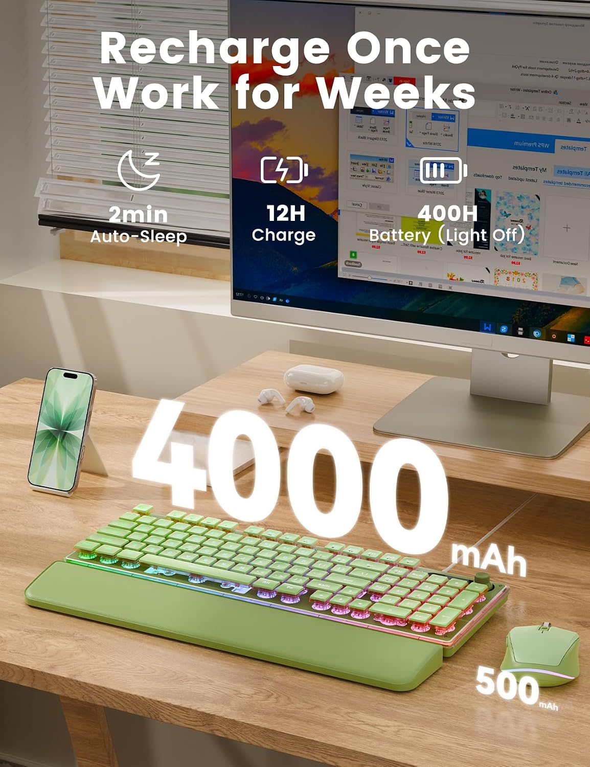KIT INALÁMBRICO DE TECLADO Y MOUSE SABLUTE VERDE CON RETROILUMINACIÓN Y BATERÍA RECARGABLE - 4