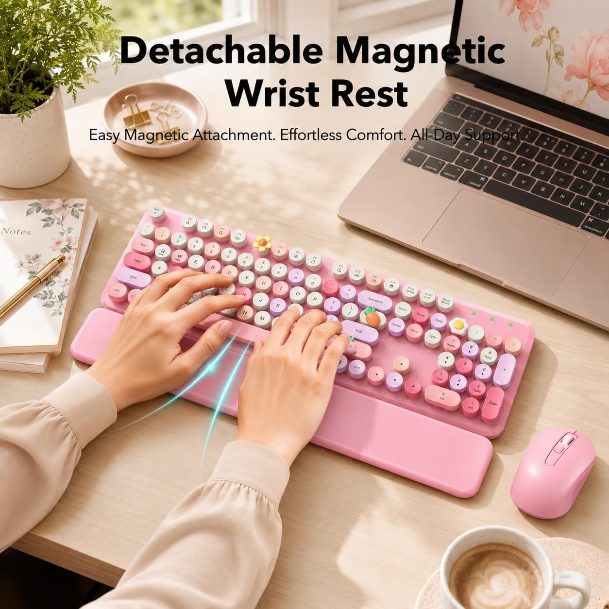 KIT INALÁMBRICO TECLADO Y MOUSE SABLUTE ROSA CON REPOSAMUÑECAS MAGNÉTICO - 2