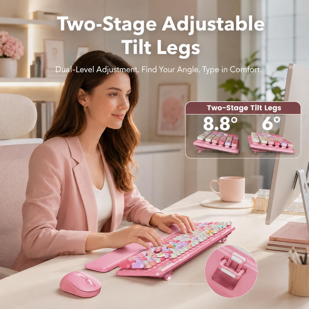 KIT INALÁMBRICO TECLADO Y MOUSE SABLUTE ROSA CON REPOSAMUÑECAS MAGNÉTICO - 4