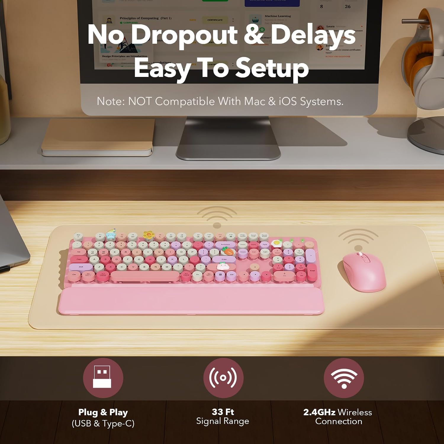 KIT INALÁMBRICO TECLADO Y MOUSE SABLUTE ROSA CON REPOSAMUÑECAS MAGNÉTICO - 5